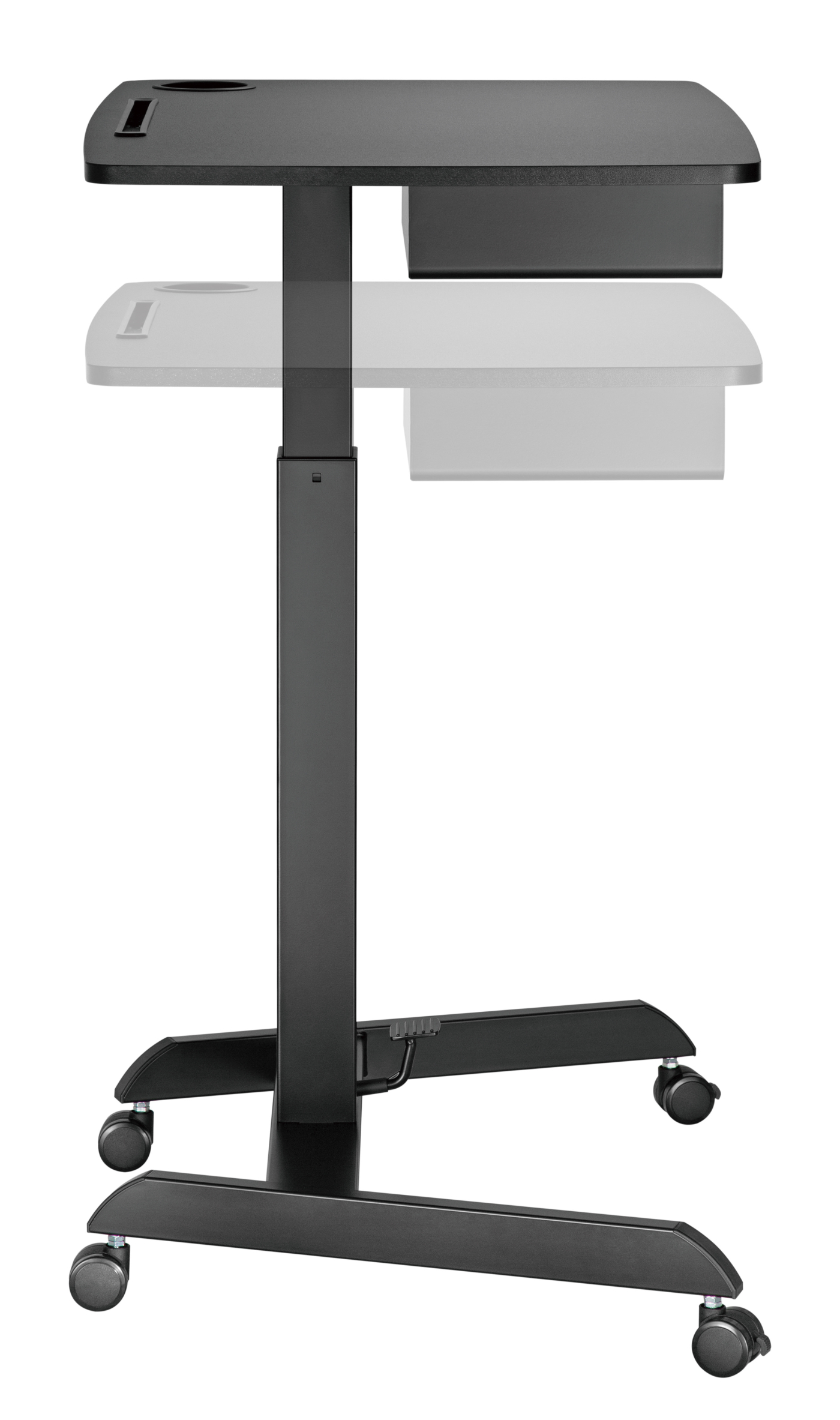 Zwart verstelbaar zit-sta bureau met wielen.