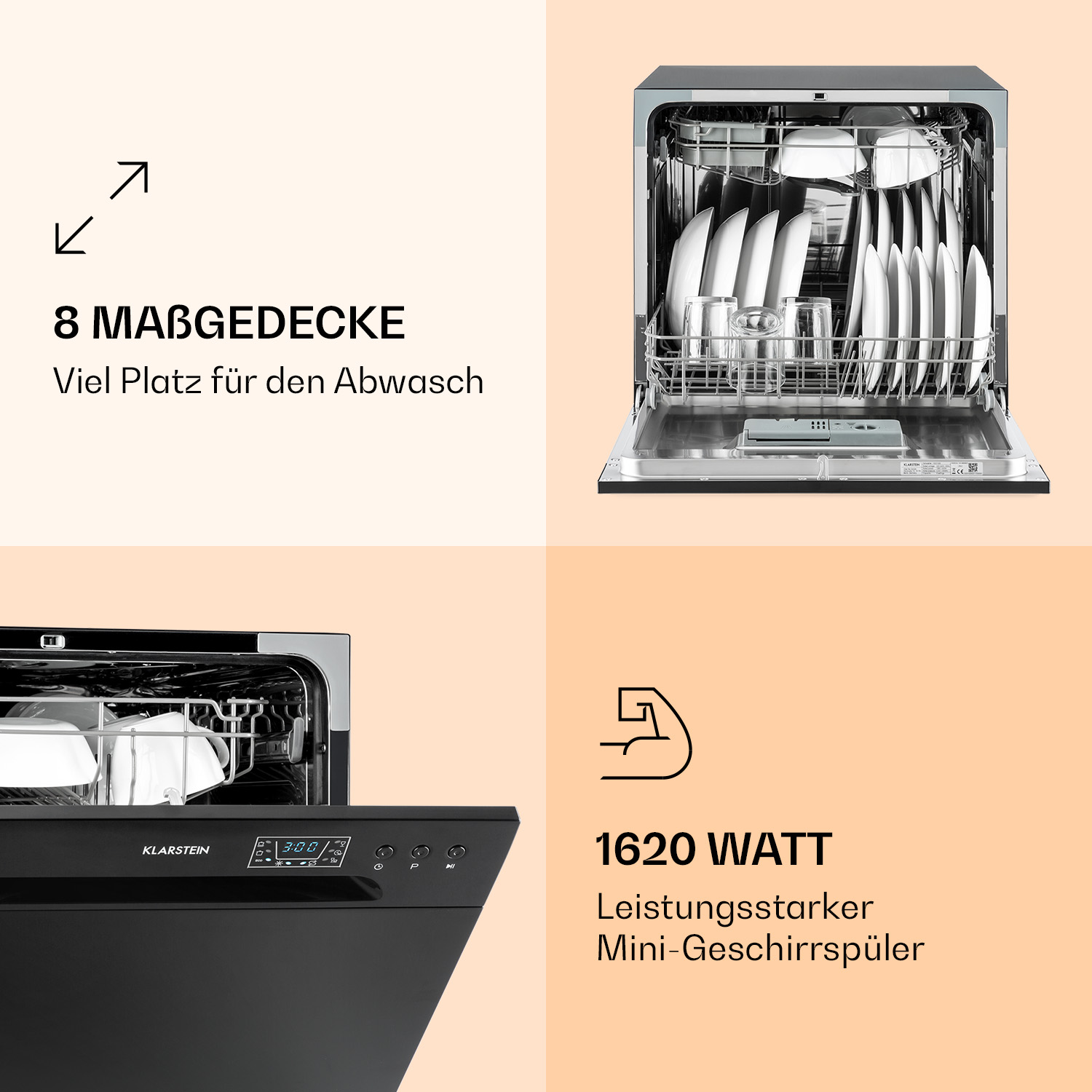 Una mini lavastoviglie nera con la porta aperta. Testo: 8 coperti e 1620 watt.