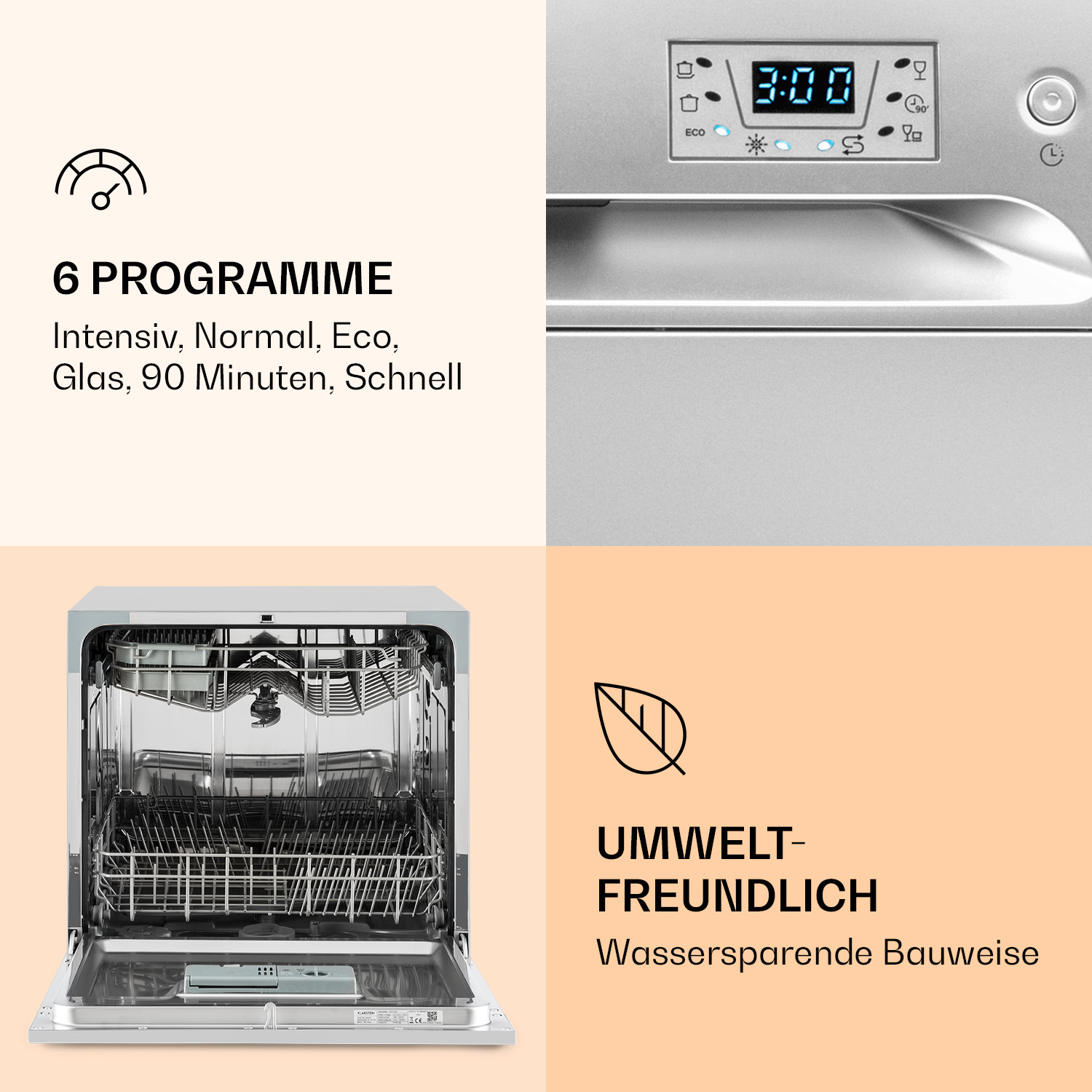 Lavastoviglie con porta aperta. Il display mostra 3:00. Testo: '6 PROGRAMMI' e 'UMWELTFREUNDLICH'.