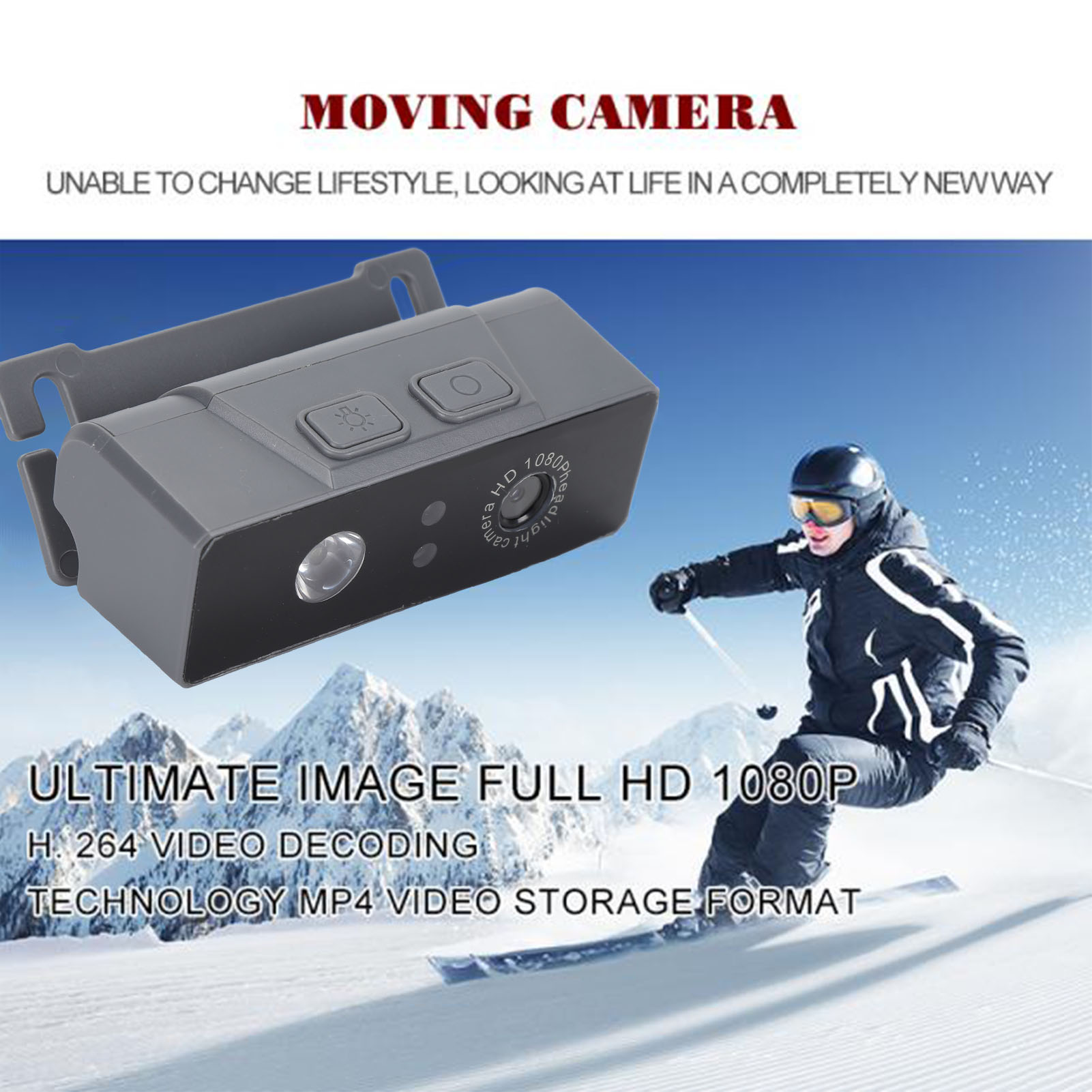Skifahrer im Schnee. Eine kleine schwarze Kamera wird gezeigt. Text sagt 'ULTIMATE IMAGE FULL HD 1080P'.