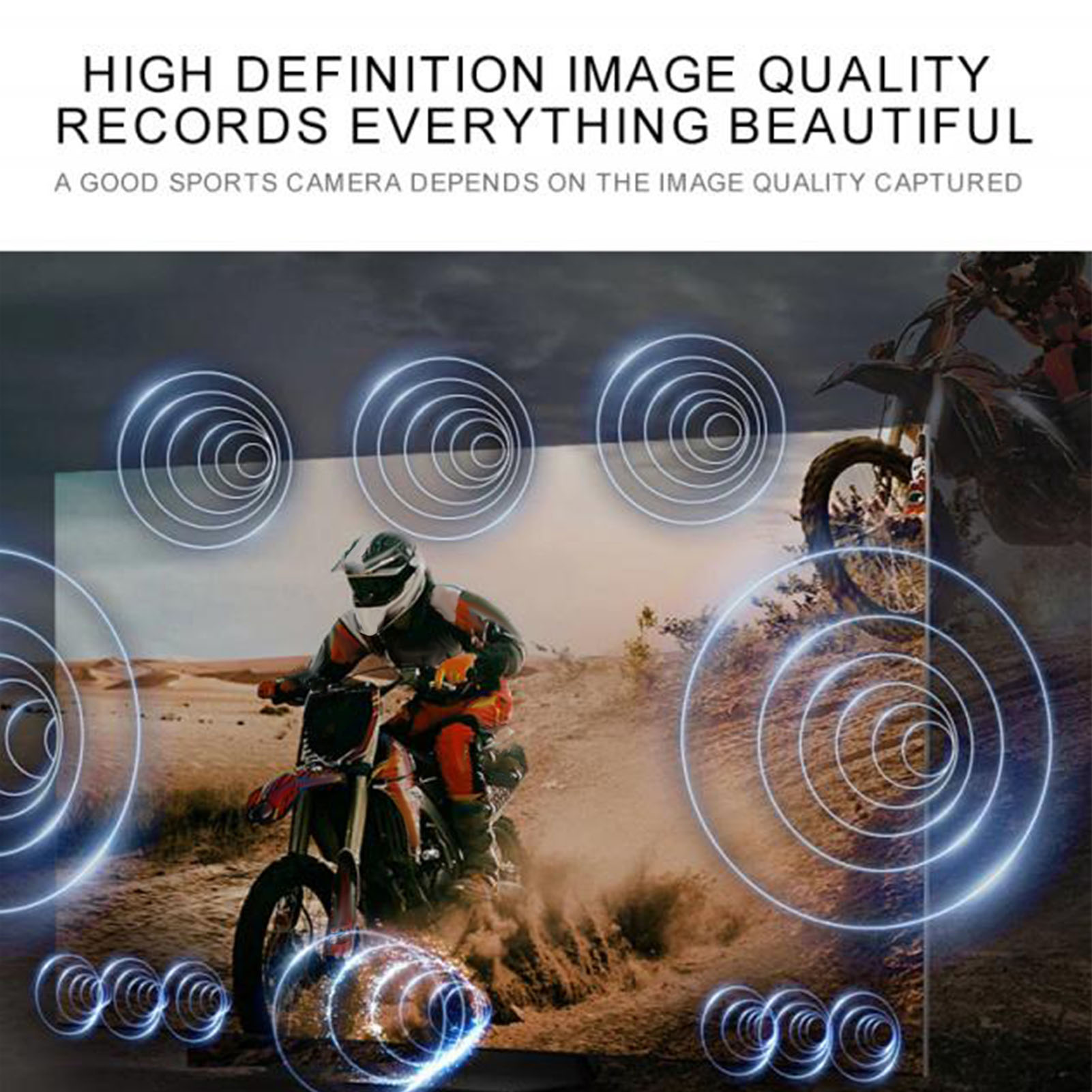 Eine Person auf einem Motorrad ist in einem Bild zu sehen. Kreise strahlen aus, mit Text: High-Definition-Bildqualität.
