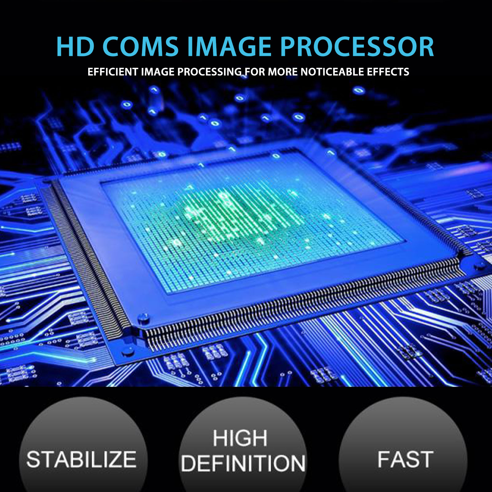 Eine blaue Leiterplatte mit blauem Quadrat in der Mitte. Text 'HD COMS IMAGE PROCESSOR'.