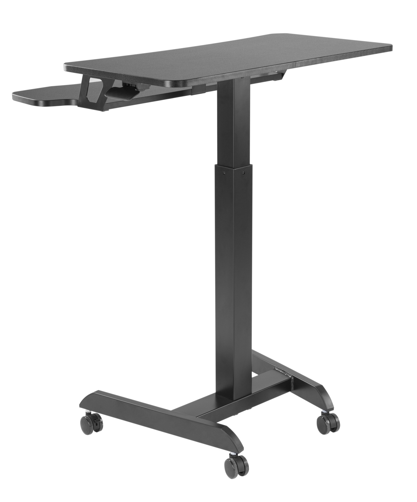Zwarte in hoogte verstelbare bureau op wielen. Voorzien van een kleine bijzettafel en een centrale kolom.