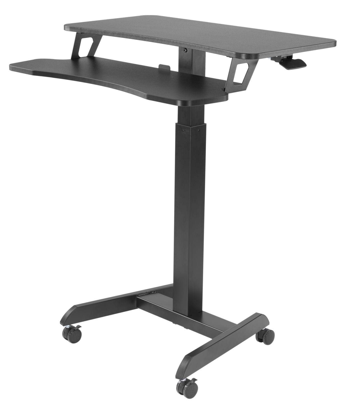 Zwarte cameraset-up met licht en telefoon, op een houten oppervlak, tekst: Expanded cold shoe mount.