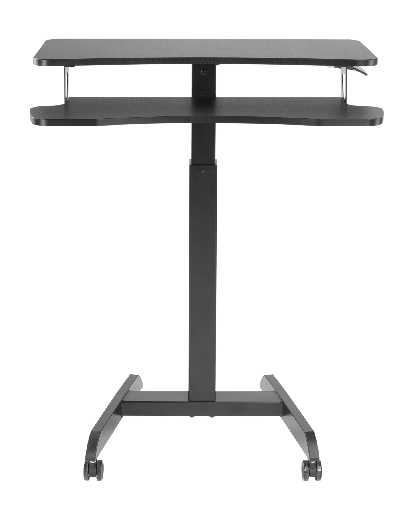 Een zwarte staande desk met twee planken en een verticale steun op wielen, tegen een witte achtergrond.