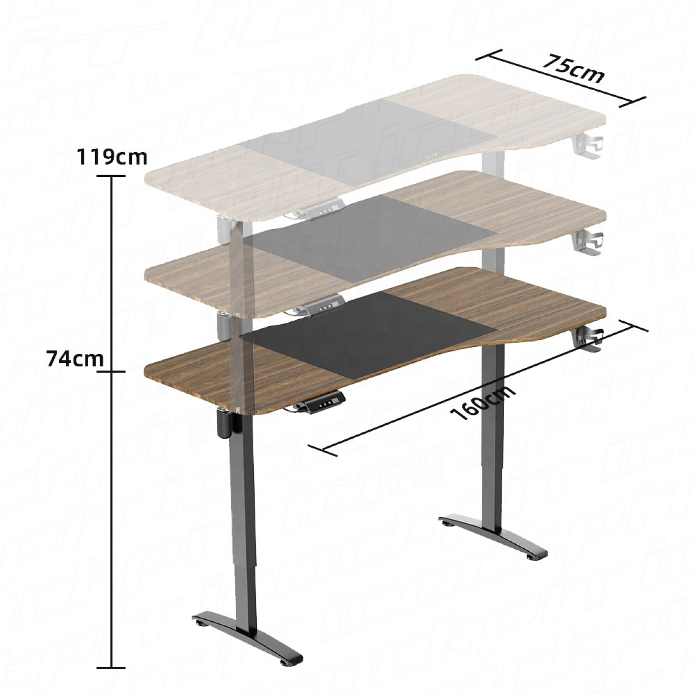 Höhenverstellbarer Schreibtisch aus Holz mit den Maßen: 160 cm lang, 75 cm breit und 74-119 cm hoch.