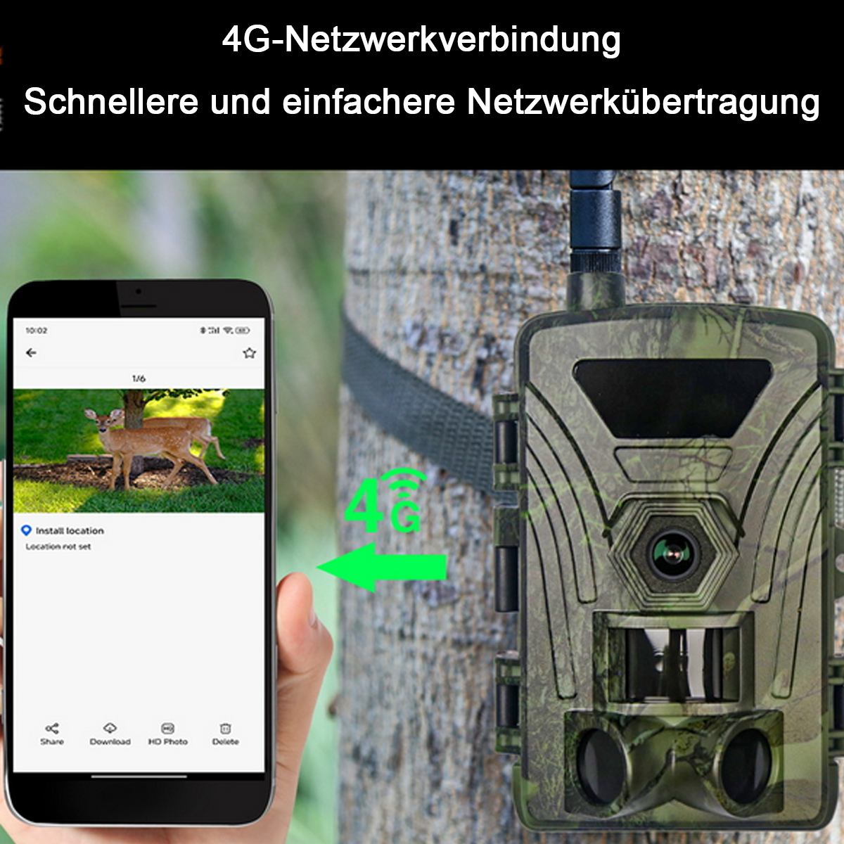 Wildkamera mit Smartphone, das ein Hirschbild anzeigt, und 4G-Netzwerk-Anzeige.