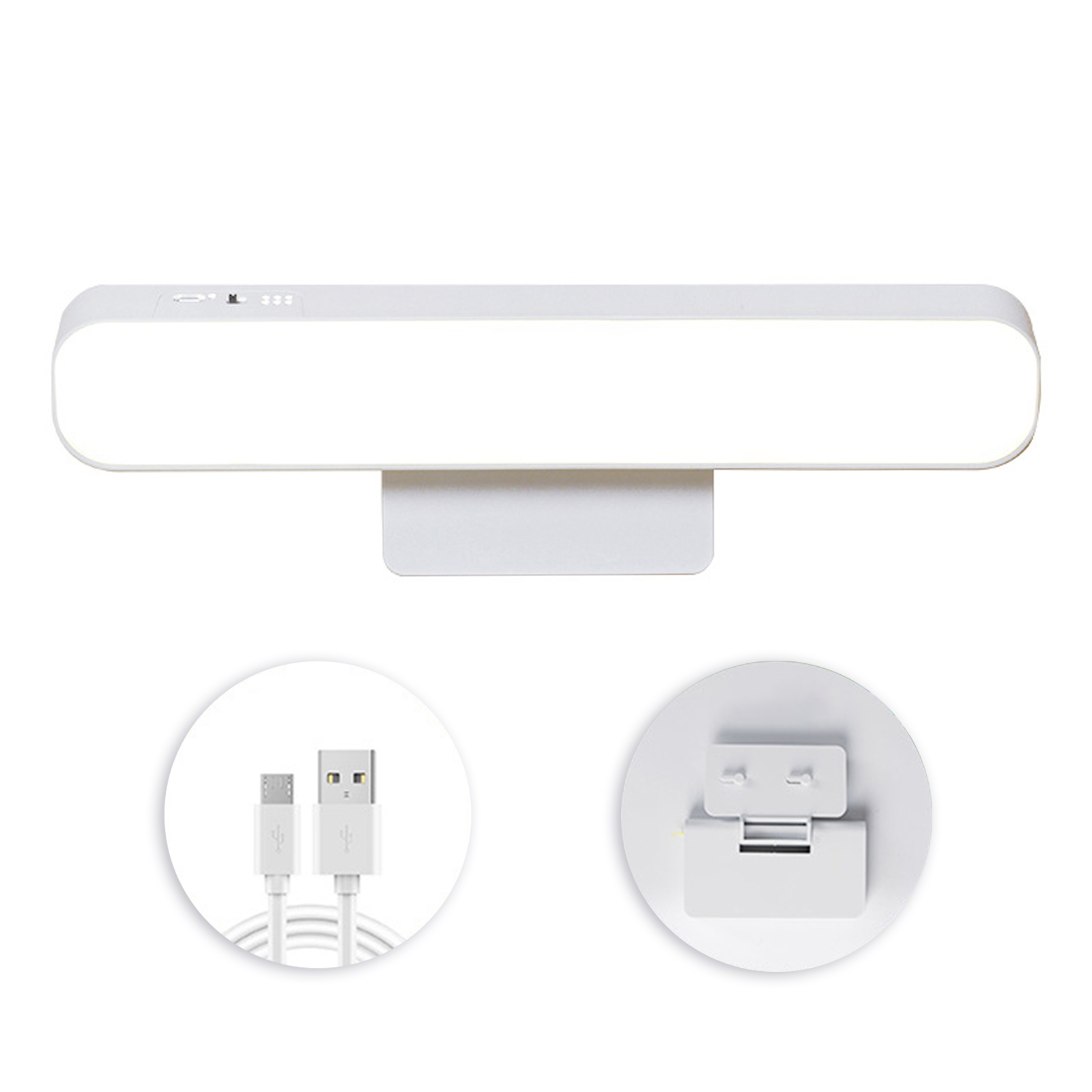 Weiße LED-Balkenleuchte mit USB-Anschluss und Montagematerial. Die Leuchte ist rechteckig und elegant.