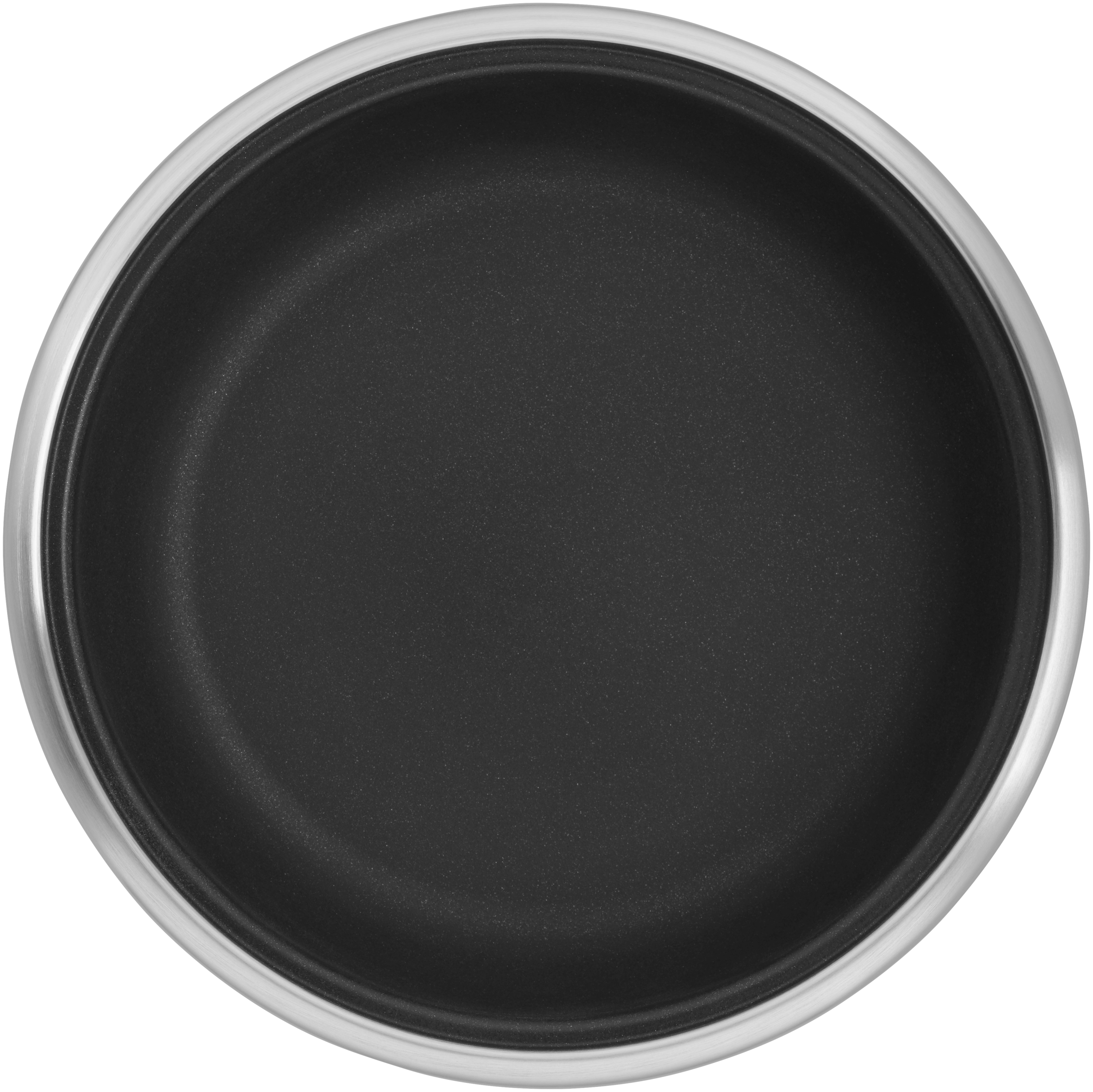 Draufsicht auf eine schwarze Antihaft-Bratpfanne mit silbernem Rand.