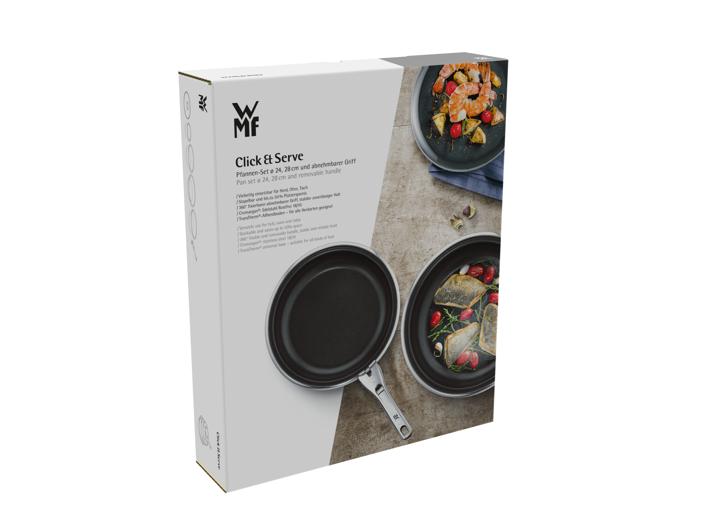 Eine weiße Box mit zwei Bratpfannen darin und weißem Hintergrund.