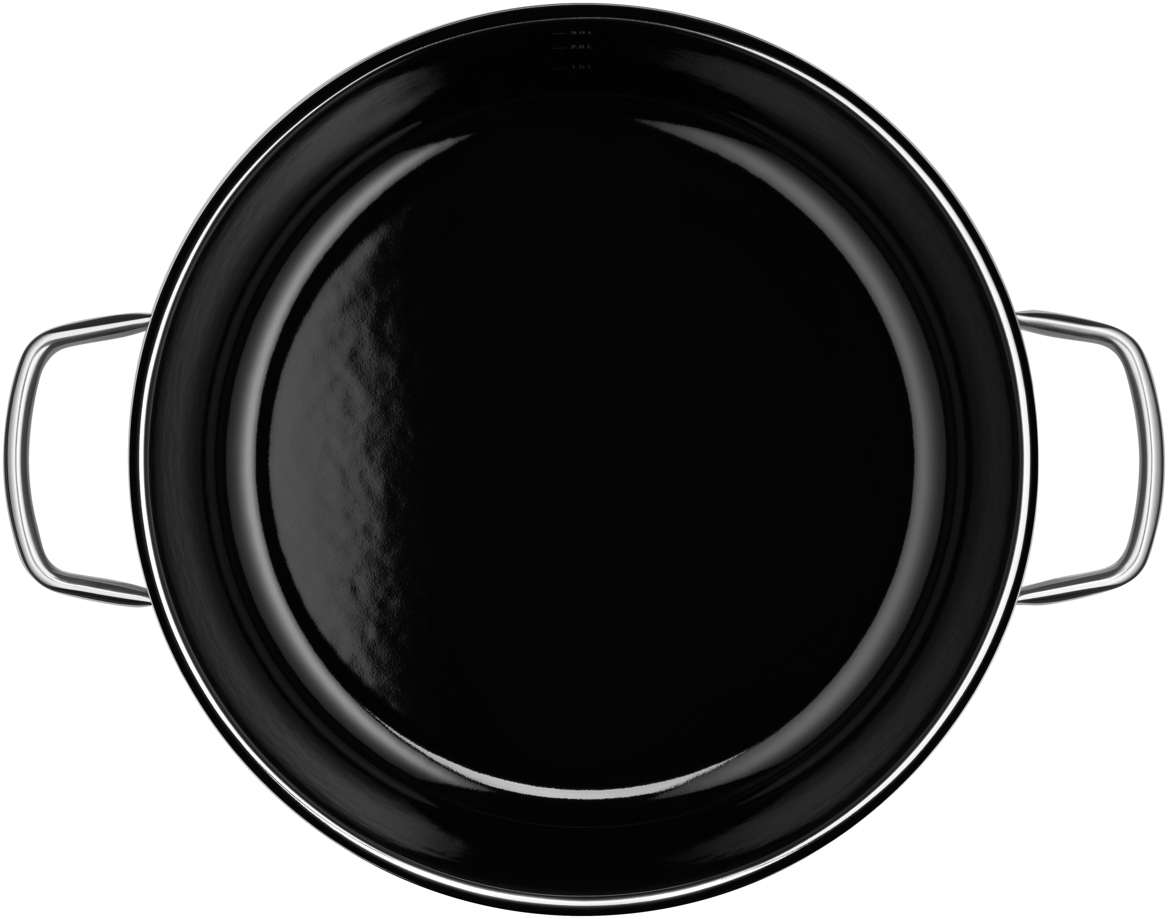 Eine Draufsicht auf eine schwarze Pfanne mit zwei Metallgriffen und einem silbernen Rand.