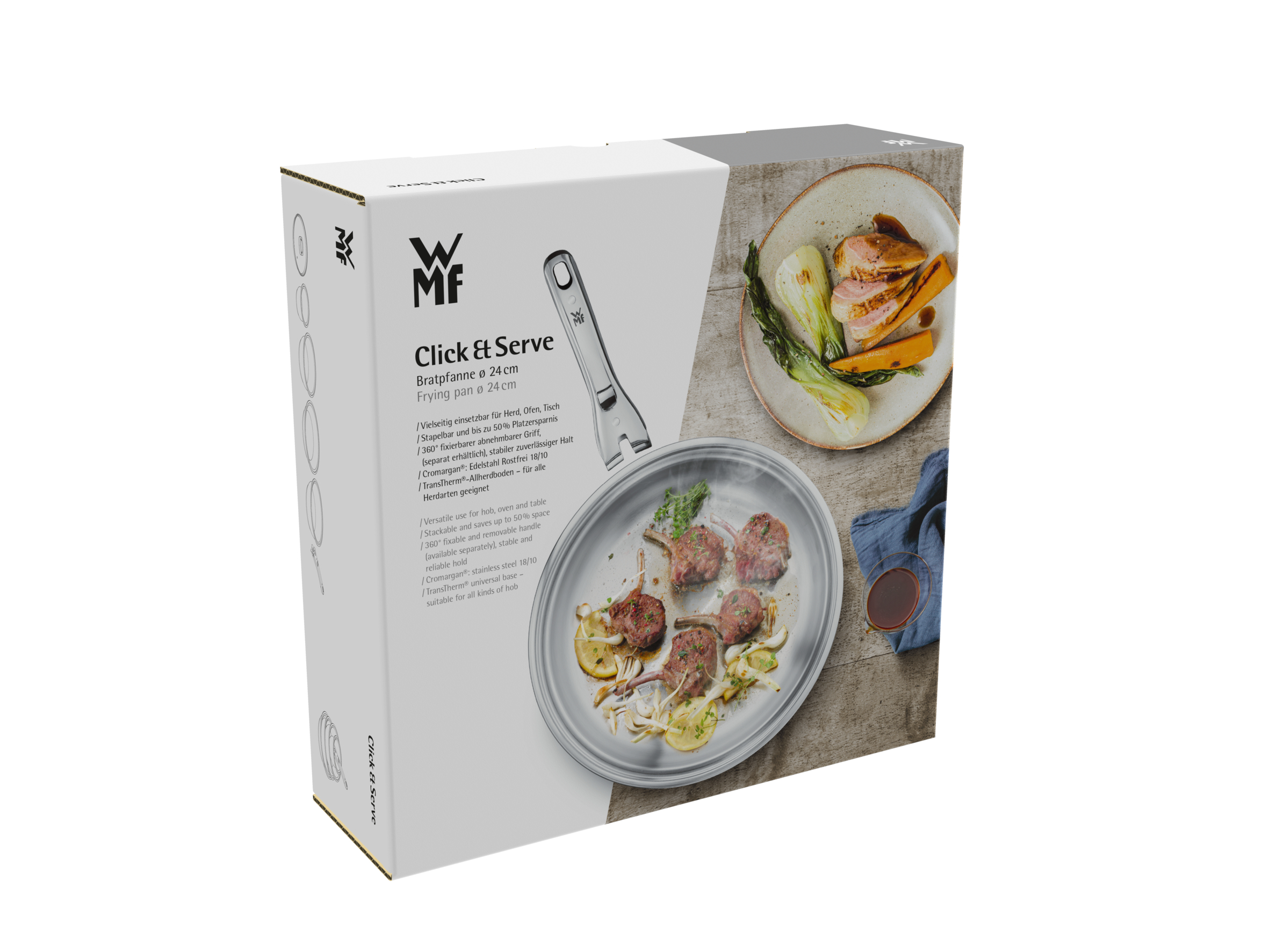 Verpackte Bratpfanne. Die Box zeigt ein Bild der Pfanne und gekochtes Essen.
