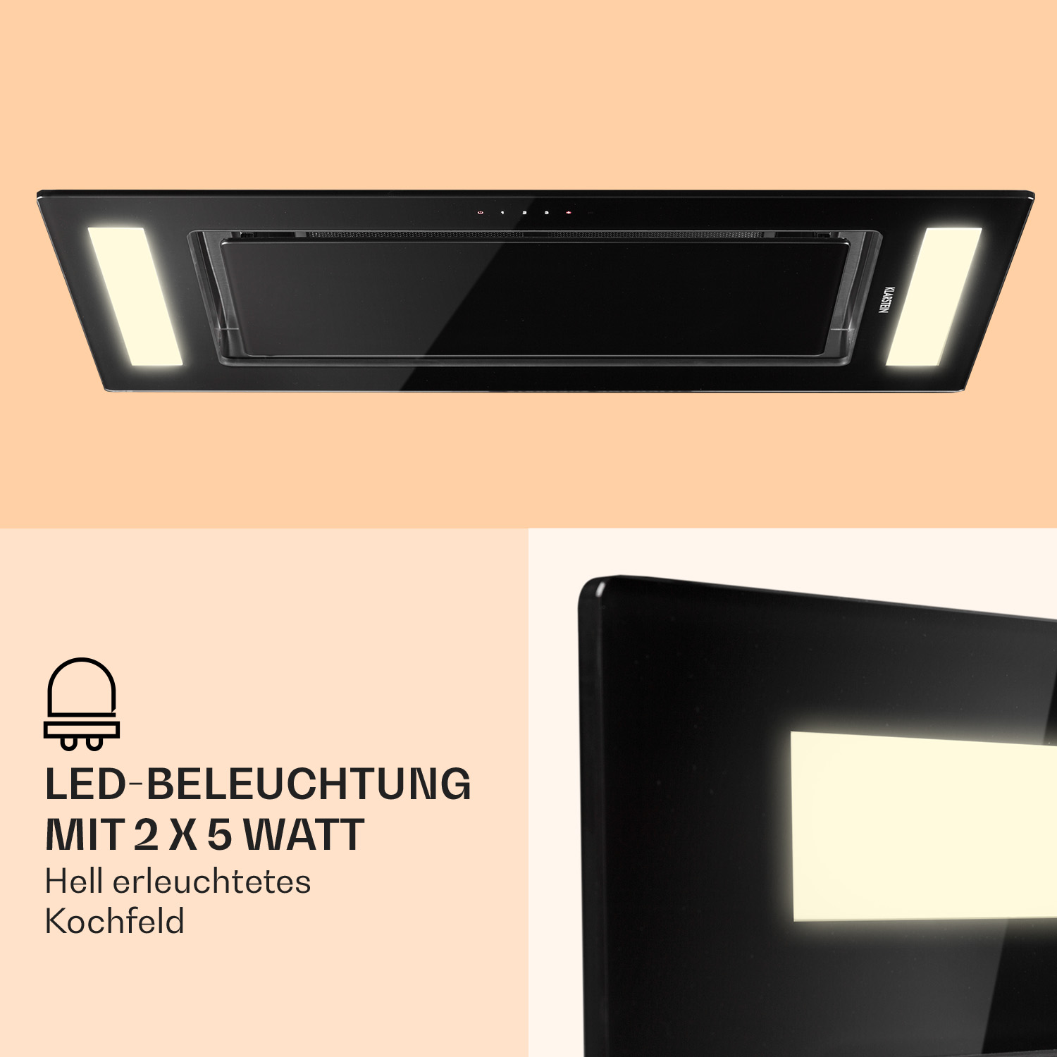 Cappa nera con luci. Luci LED su ogni lato. Testo: Illuminazione a LED con 2 x 5 watt.