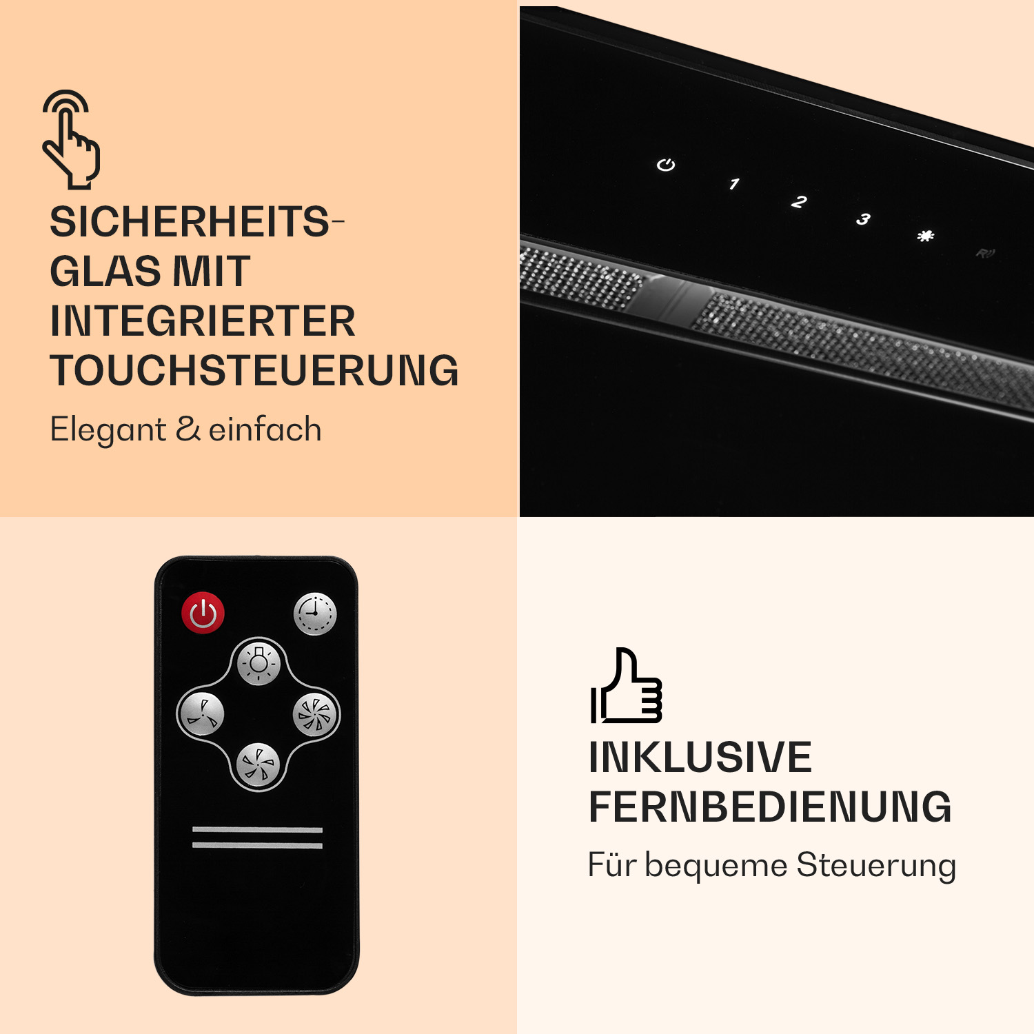 Cappa nera con comandi touch e telecomando. Testo: 'INTEGRIERTER TOUCHSTEUERUNG'.