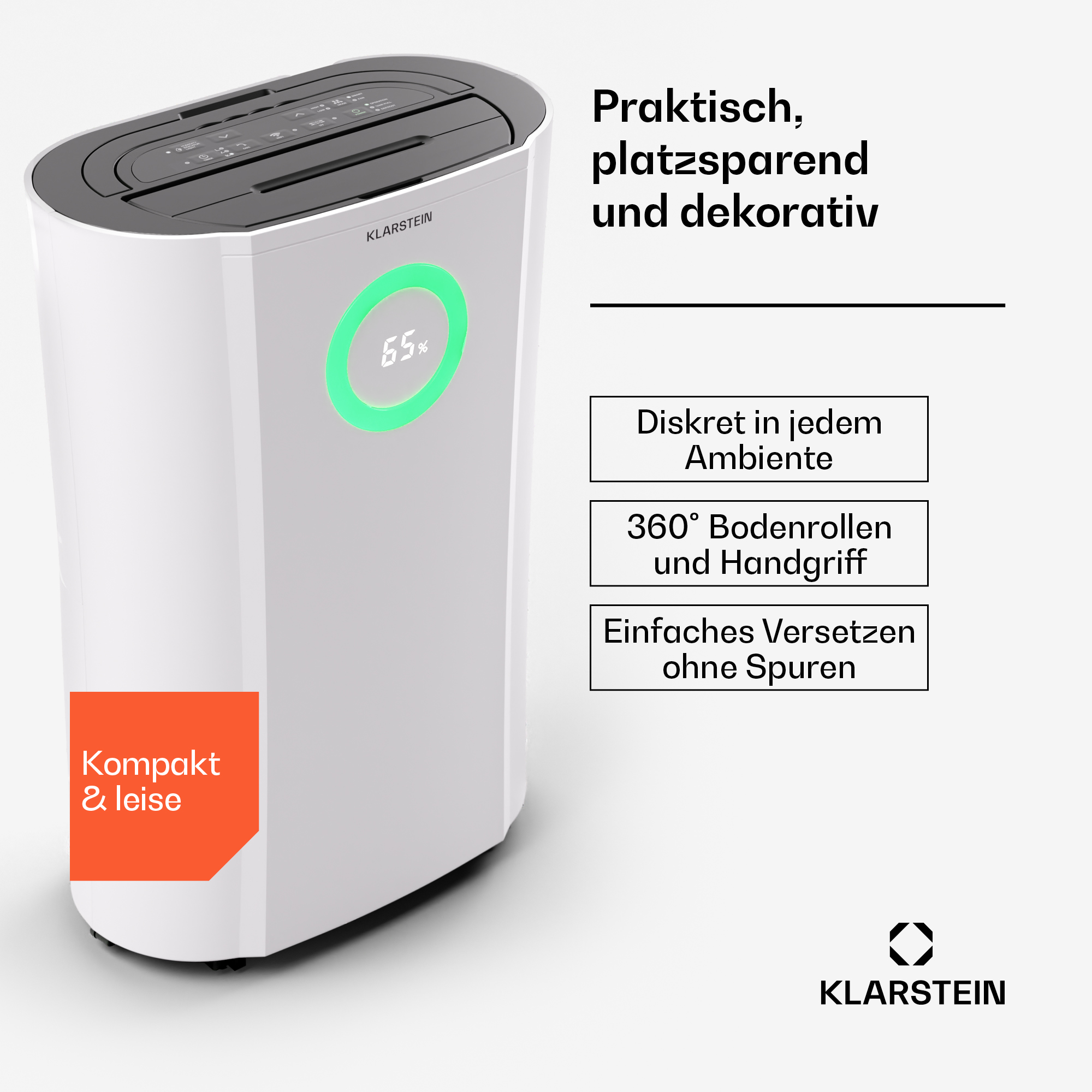 Weißer und grauer Luftentfeuchter mit grünem Licht. Text: Kompakt & leise, 65% Luftfeuchtigkeit.