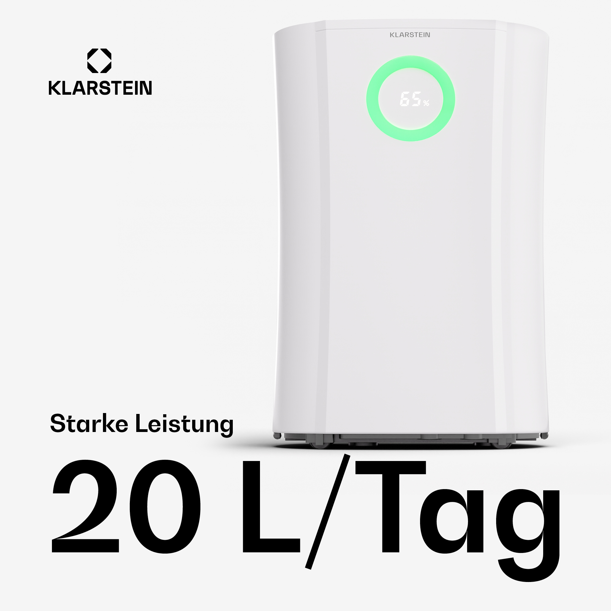Weißer Luftreiniger mit Digitalanzeige mit 65%. Text: 20 L/Tag.