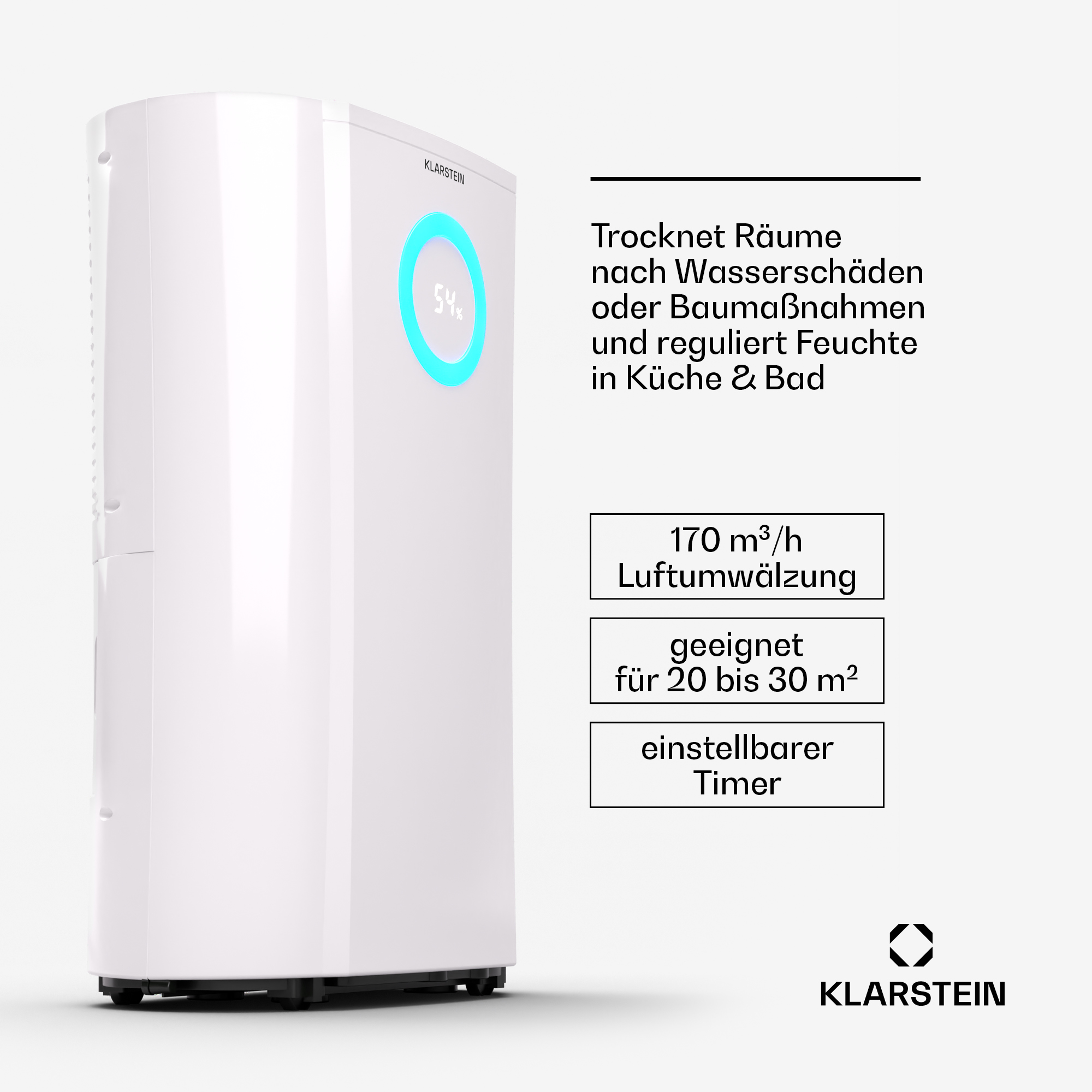 Ein weißer Luftentfeuchter mit blau beleuchtetem Display und Text, der seine Funktionen beschreibt.