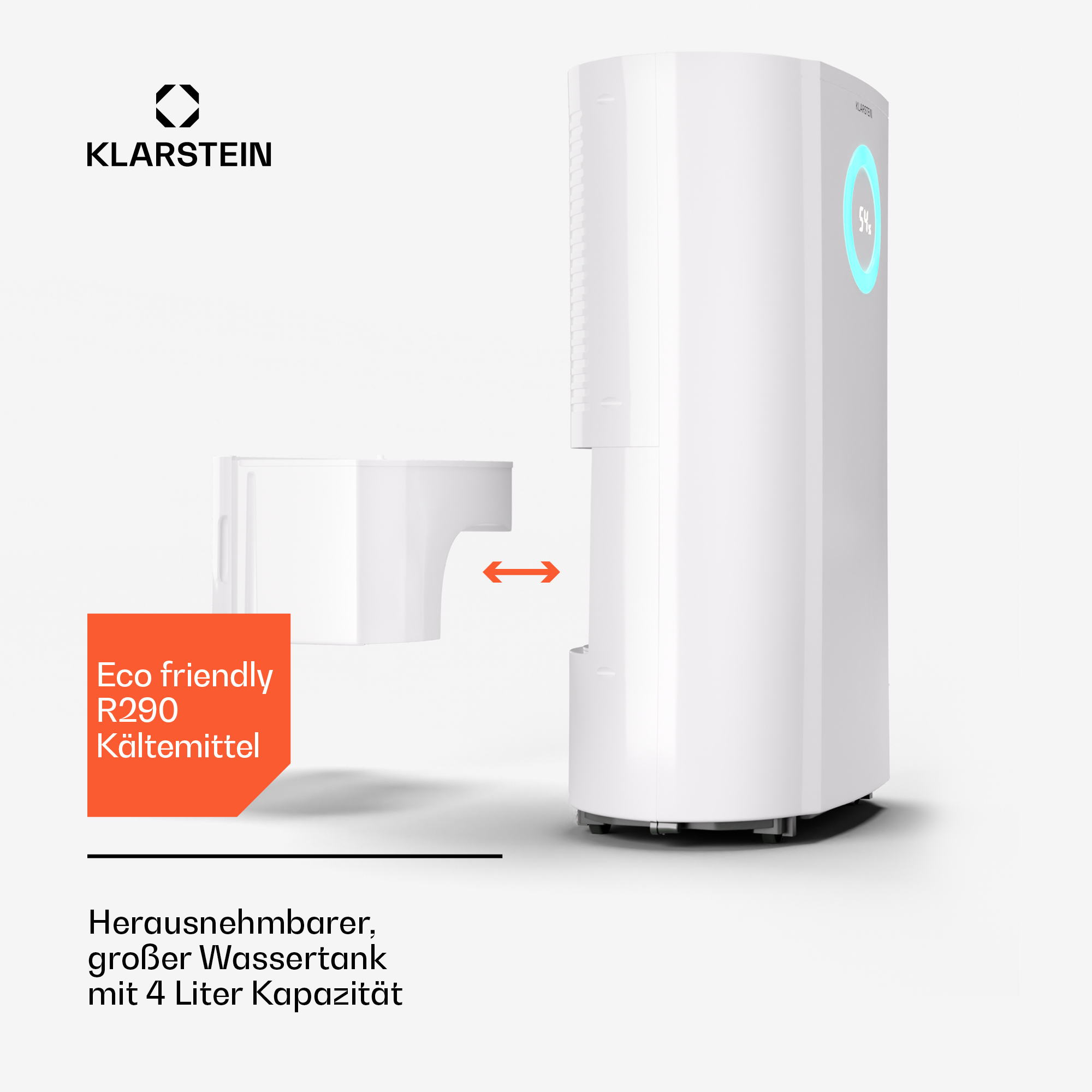 Weißer Luftentfeuchter mit herausnehmbarem Wassertank. Text zeigt Merkmale.