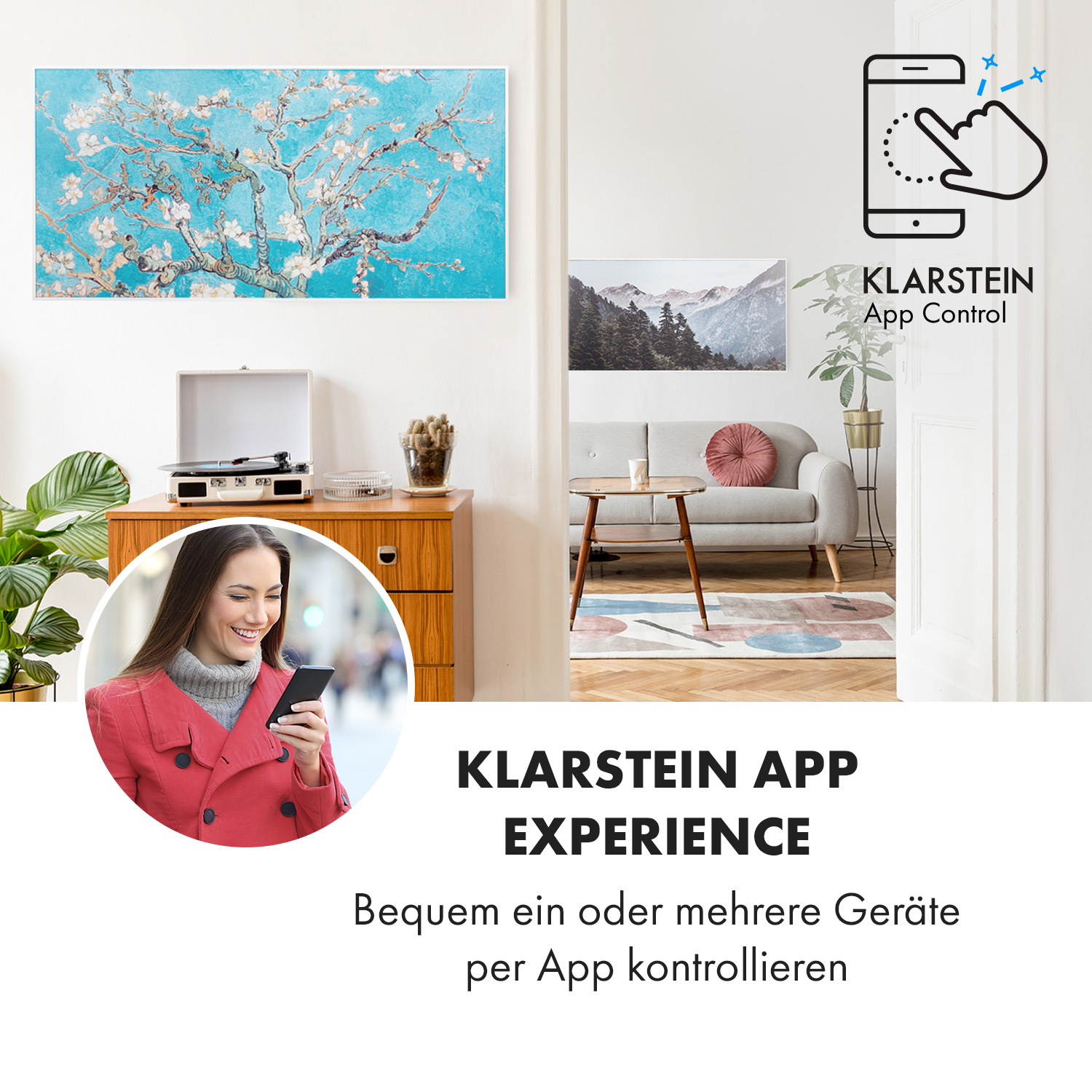 Eine Frau benutzt ein Telefon, im Hintergrund befinden sich abstrakte Kunst und Möbel.