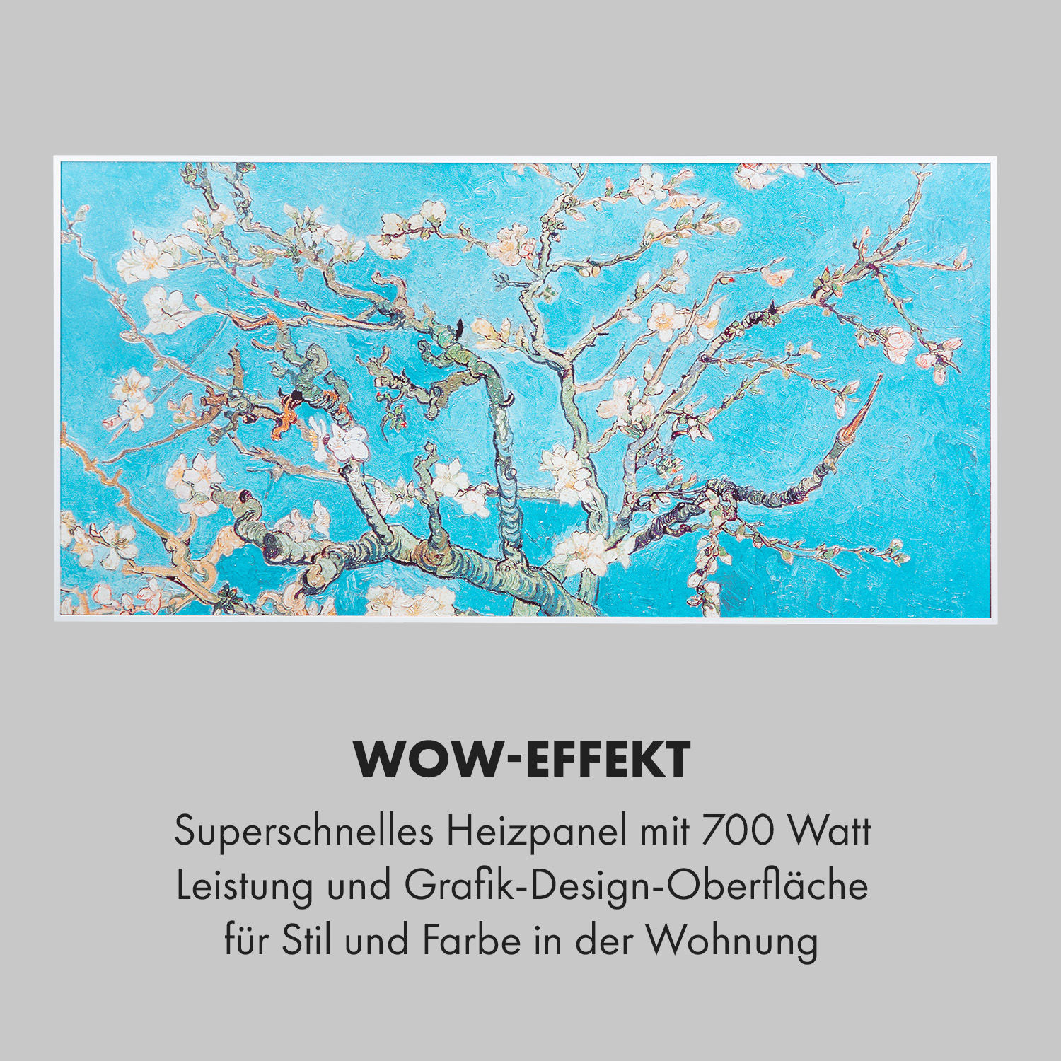 Ein Gemälde eines blühenden Baumes vor türkisfarbenem Hintergrund mit Text darunter: WOW-EFFEKT.