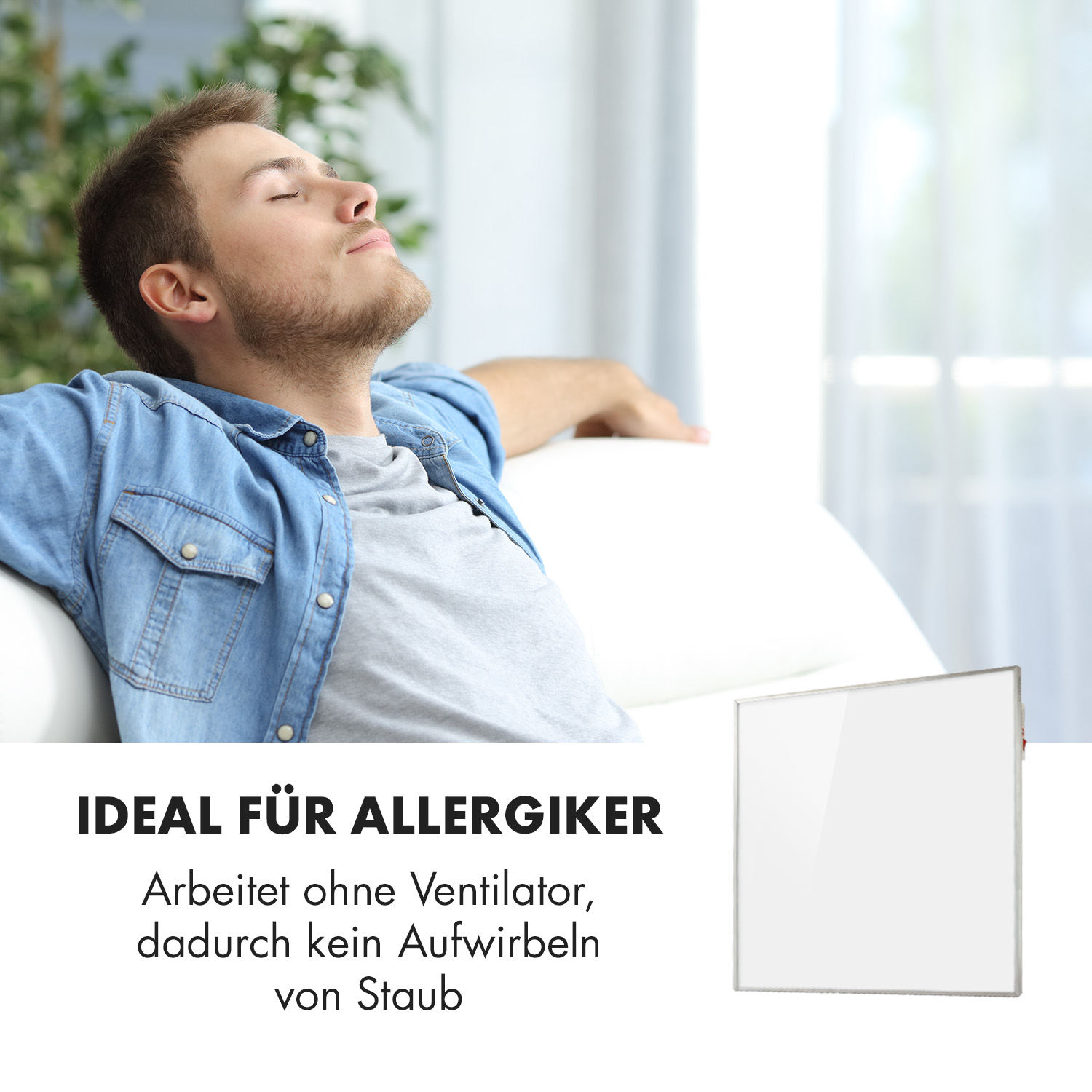 Un hombre en camisa de mezclilla se relaja, texto 'IDEAL FÜR ALLERGIKER' y un panel blanco son visibles.