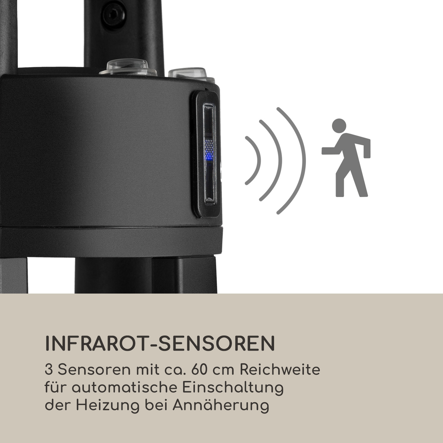 Schwarzes Sensorelement mit Infrarotsensoren, Personen-Icon und Text zur automatischen Heizung.