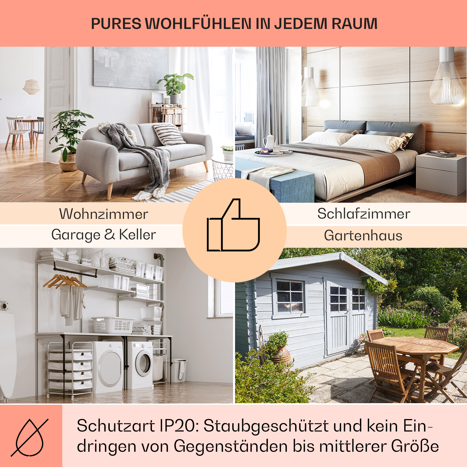 Vier Fotos zeigen verschiedene Räume: Wohnzimmer, Schlafzimmer, Garage & Keller, Gartenhaus.