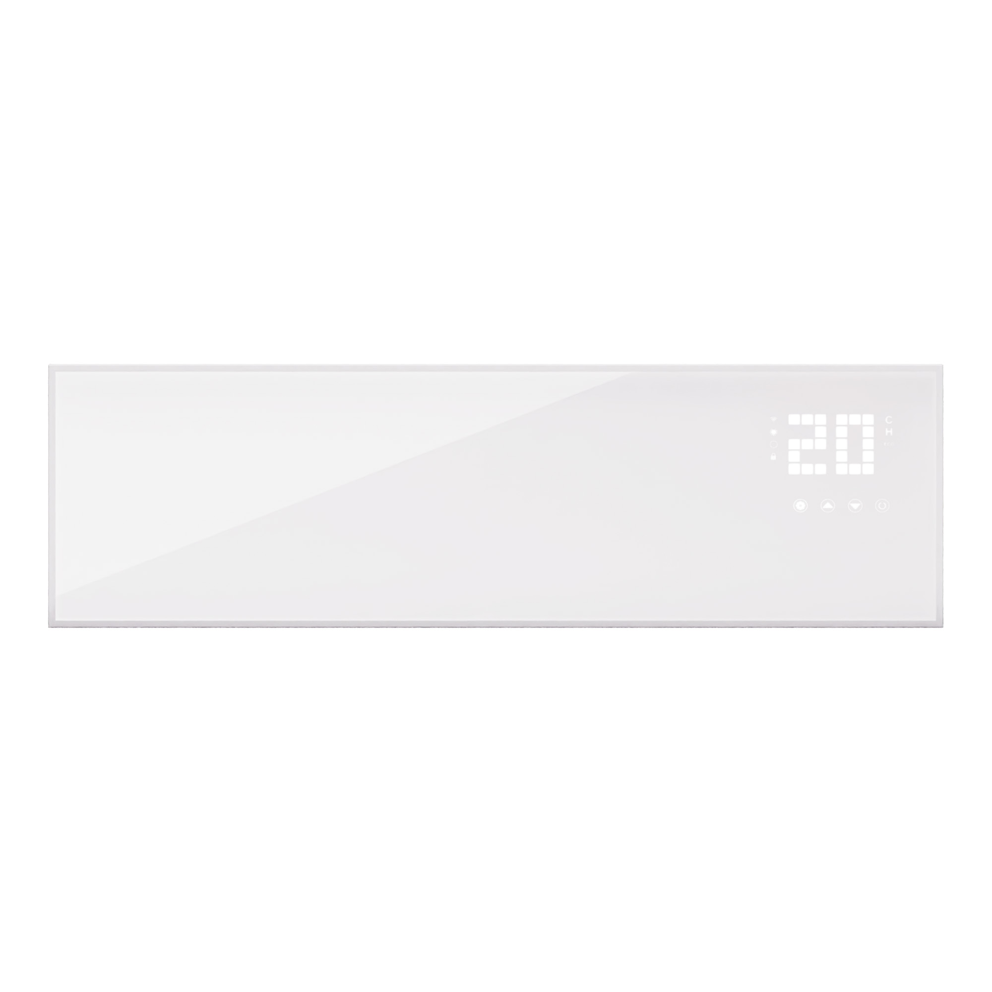 Riscaldatore elettrico bianco con display digitale che mostra 20 gradi. È di forma rettangolare.