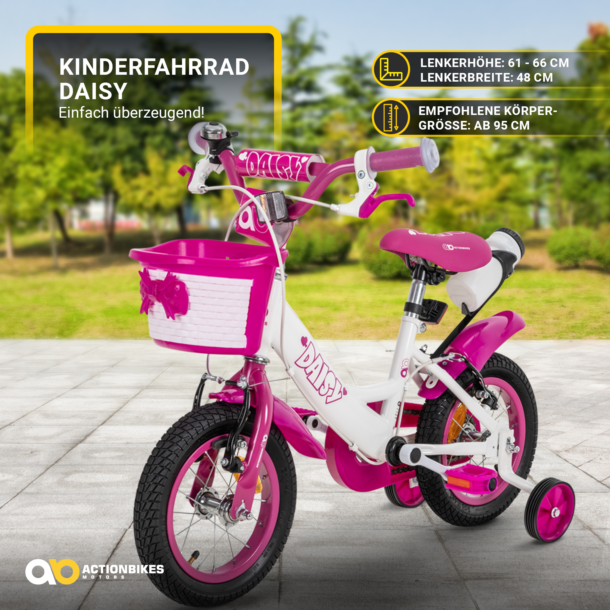 Pink-weißes Fahrrad mit Stützrädern. Text: Kinderfahrrad Daisy, empfohlene Größe: ab 95 cm+