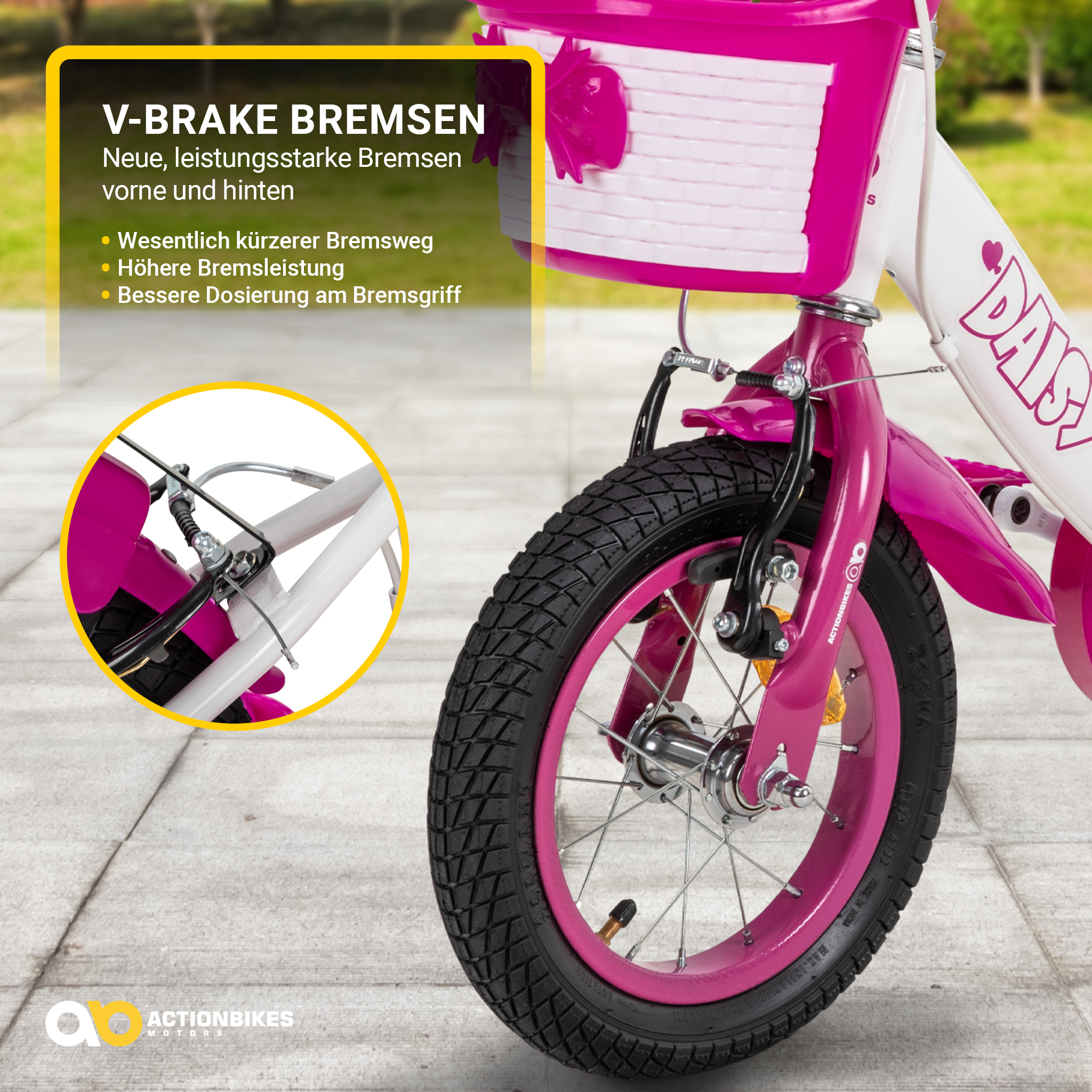 Rosa Fahrradrad und Reifen mit Text 'V-BRAKE BREMSEN' und Details. Nahaufnahme.