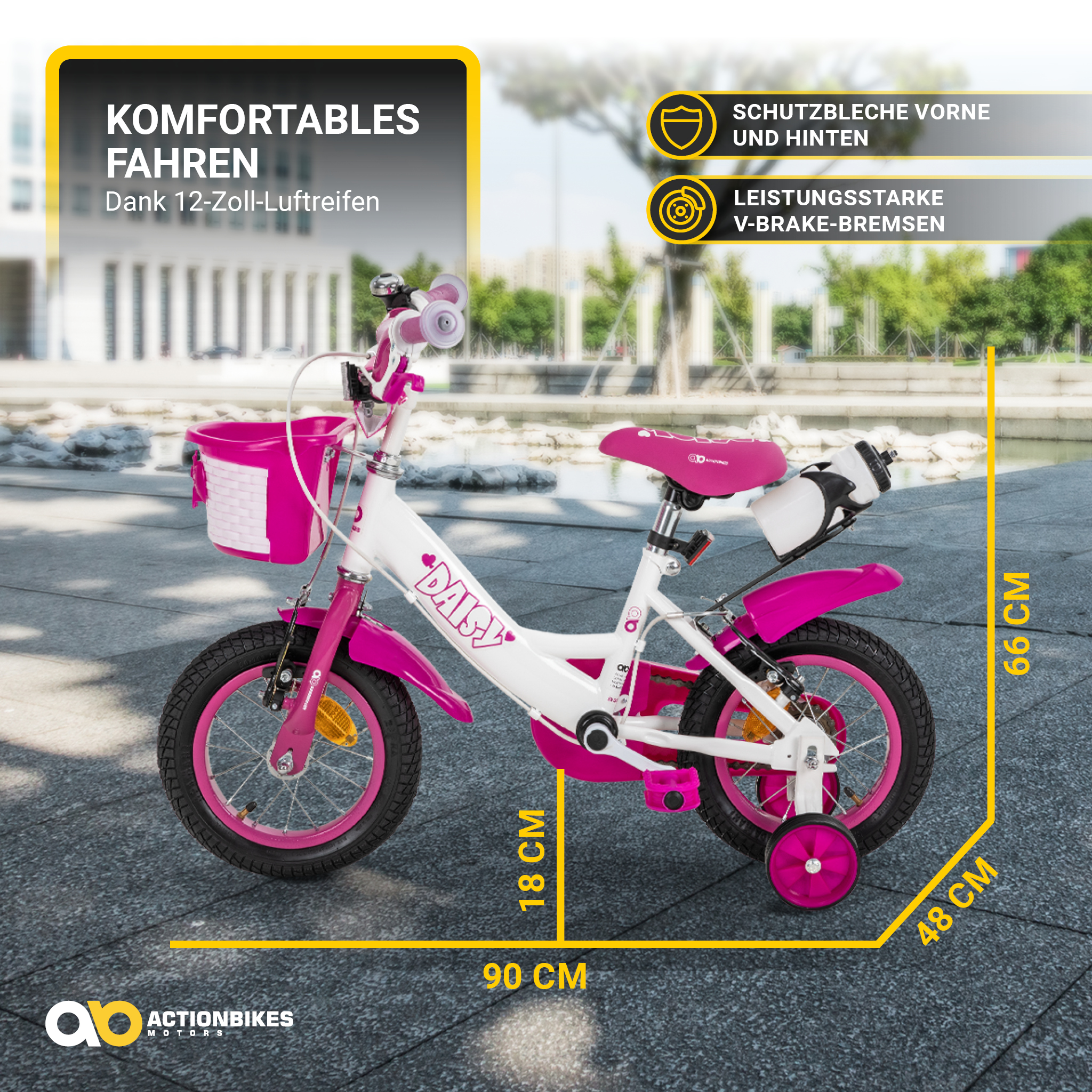 Ein rosa und weißes Mädchenfahrrad mit Stützrädern, Maße sind im Bild enthalten.