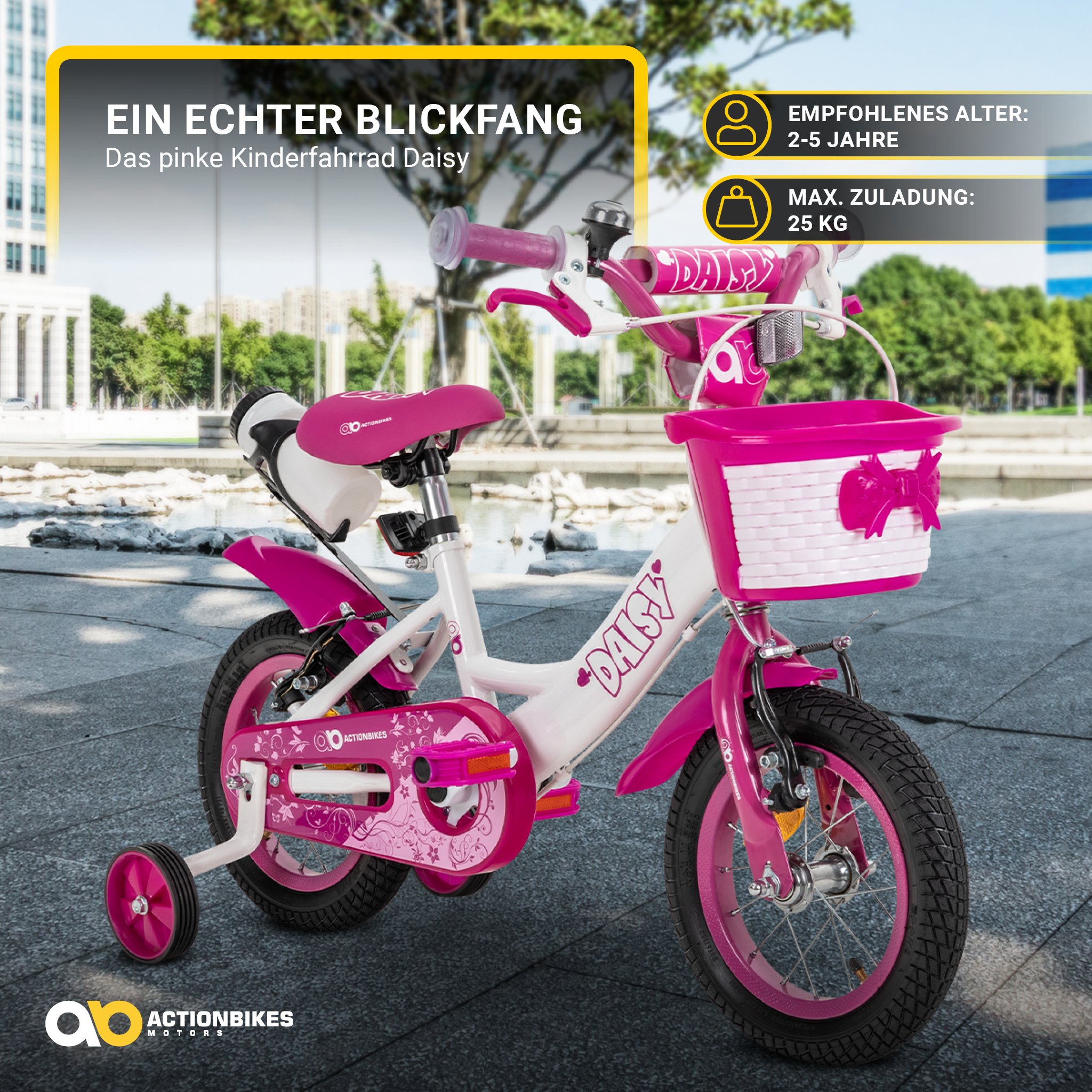 Ein rosa Fahrrad für Kinder mit Stützrädern, einem Korb und einem Banner mit der Aufschrift "Daisy".