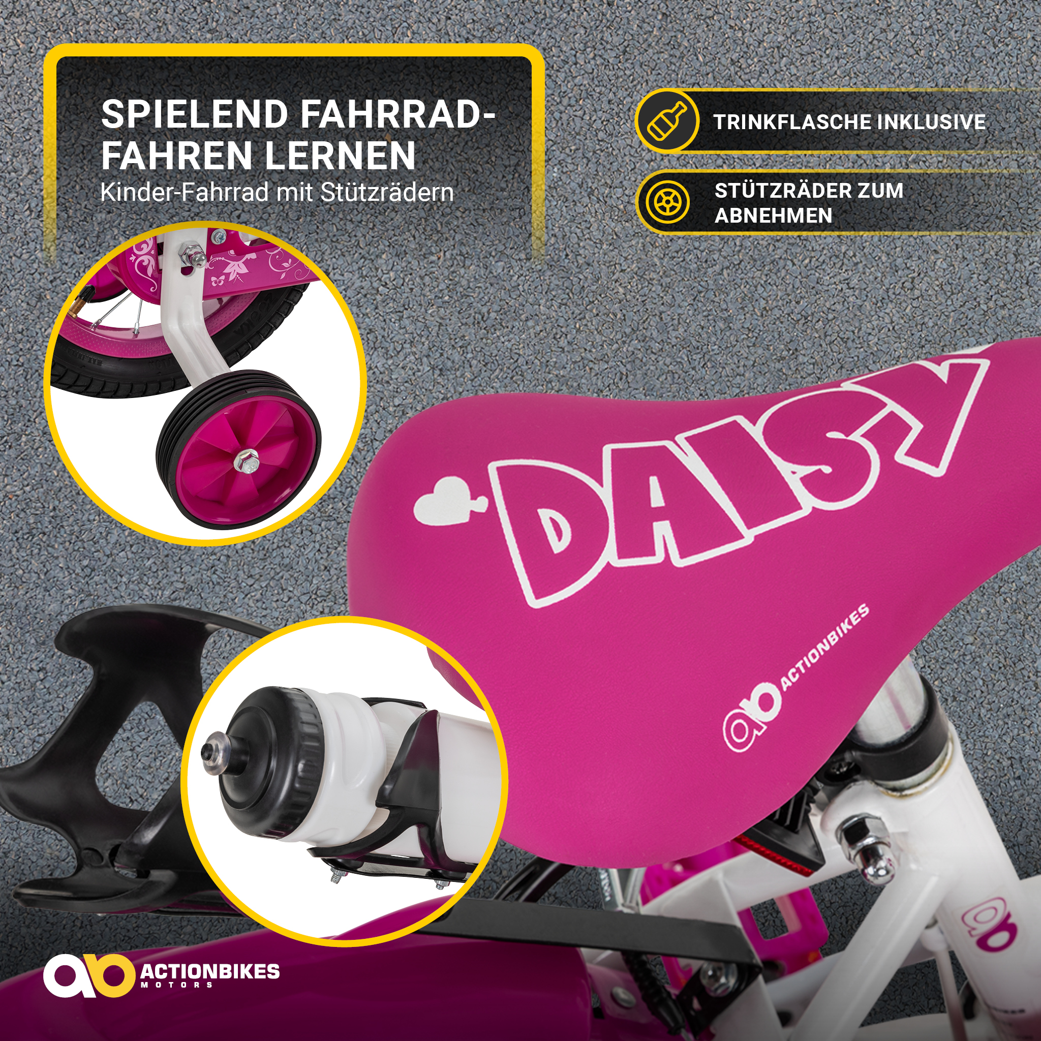 Rosa Fahrradsitz mit „DAISY“, Stützrädern und Wasserflasche.