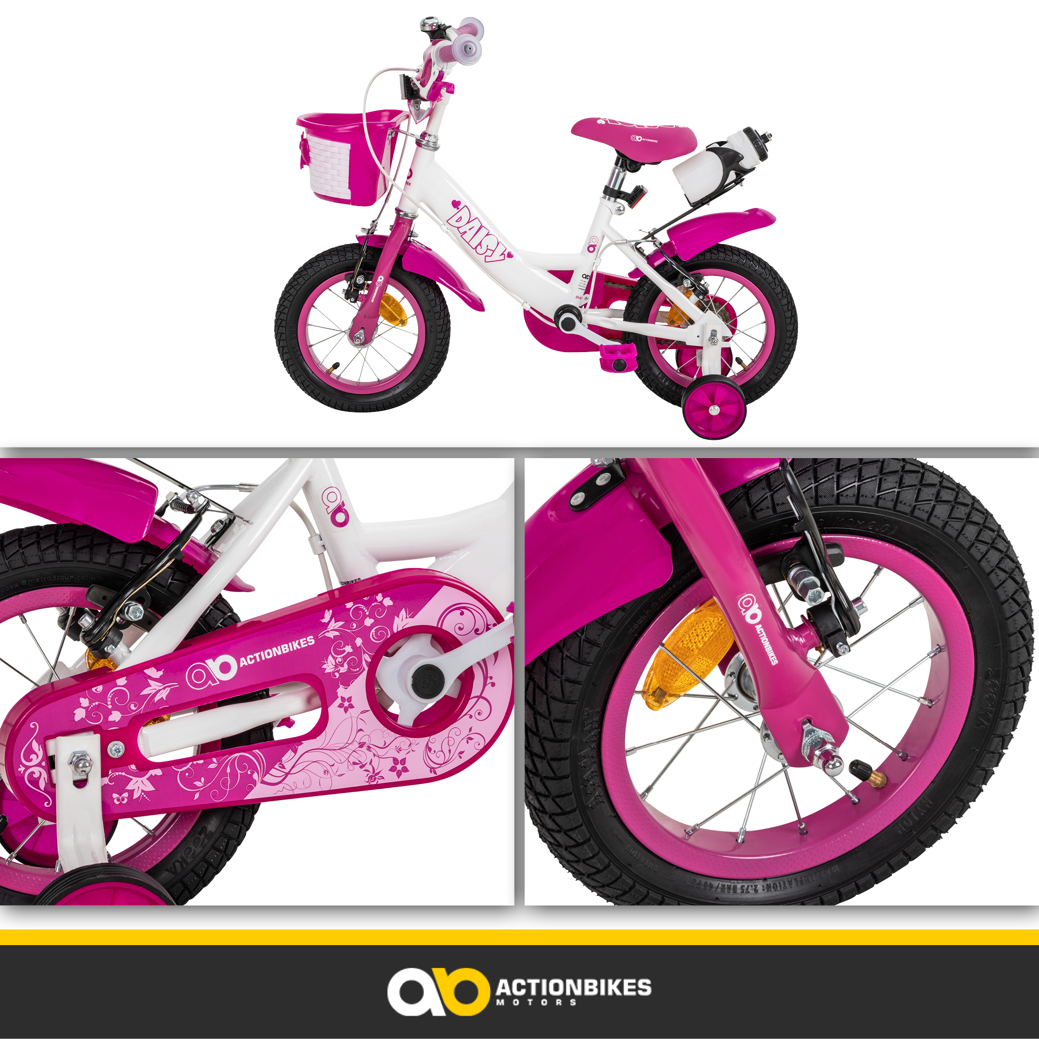 Rosa-weißes Kinderfahrrad mit Stützrädern und Korb. Enthält Nahaufnahmen.