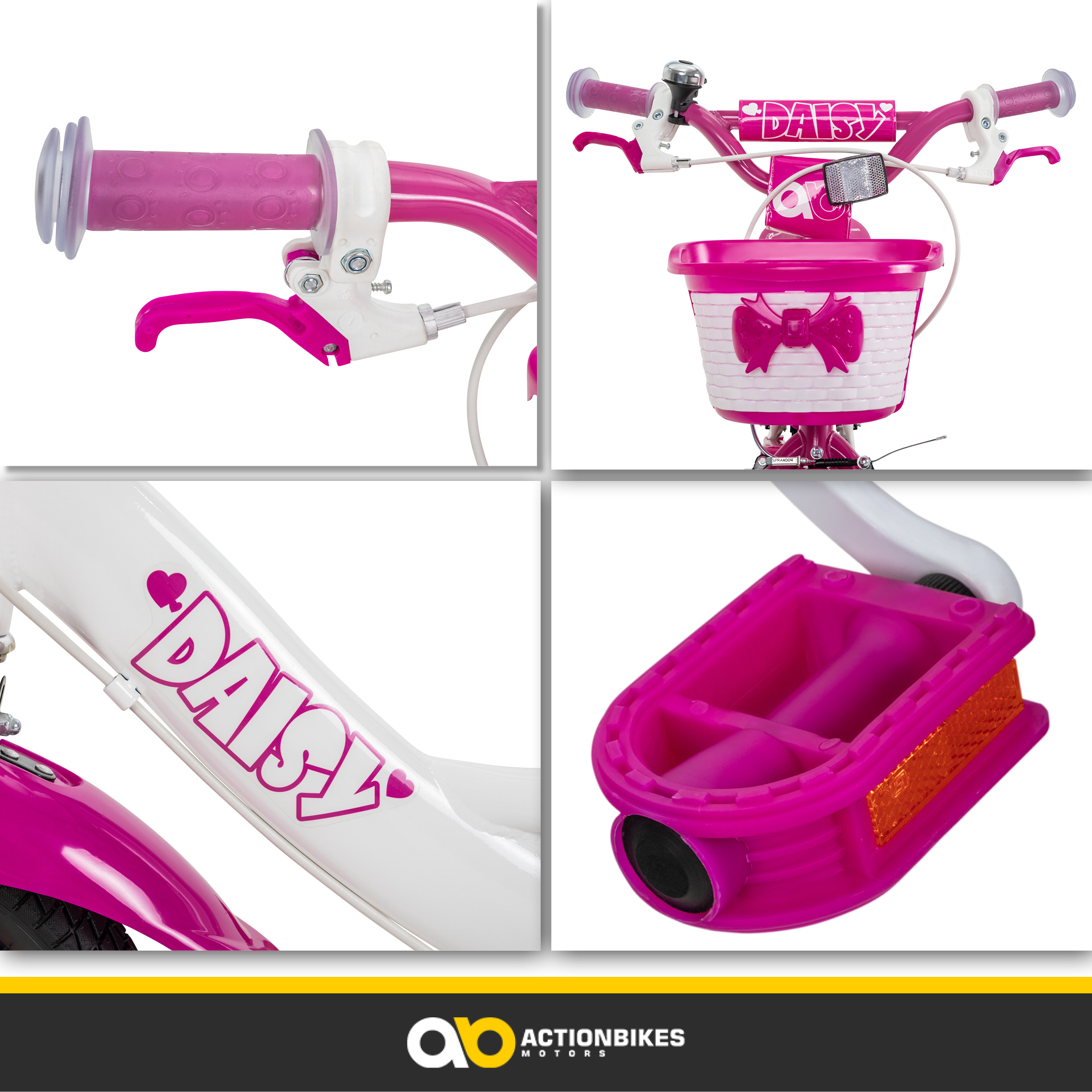 Nahaufnahmen eines rosa Fahrrads: Lenker, Korb, Rahmen und Pedaldetails. Das Fahrrad hat das Wort 'DAISY'.