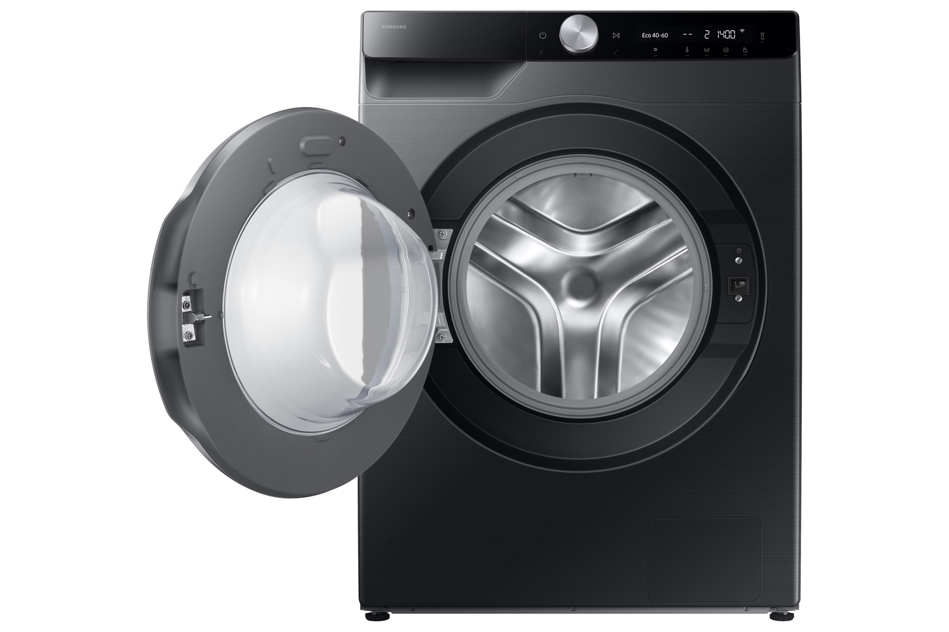 Eine schwarze Waschmaschine mit geöffneter Tür. Weißer Innenraum, Samsung-Logo.