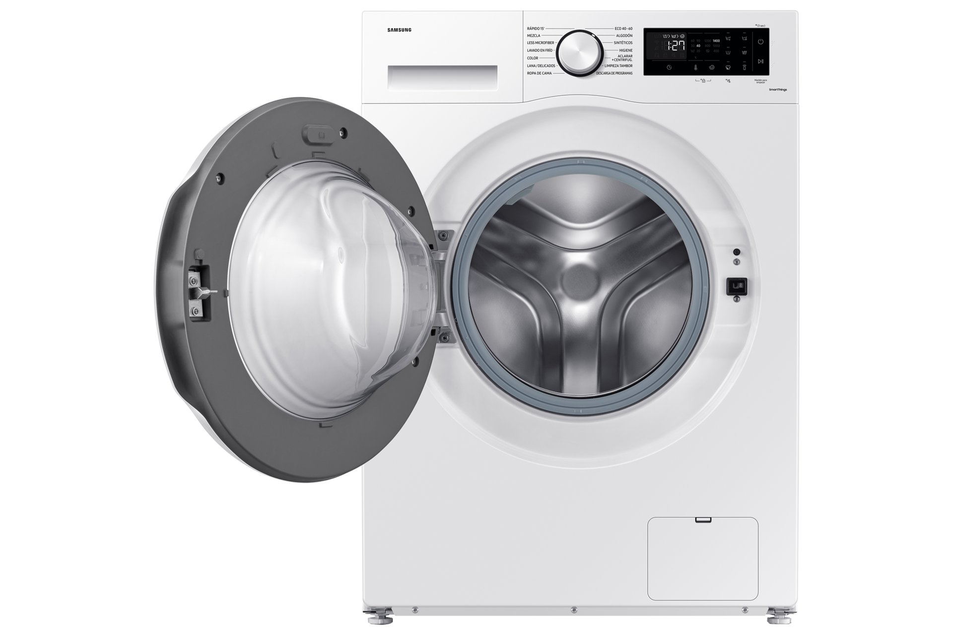 Eine weiße Samsung-Waschmaschine mit offener Tür, die Trommel und Bedienfeld zeigt.