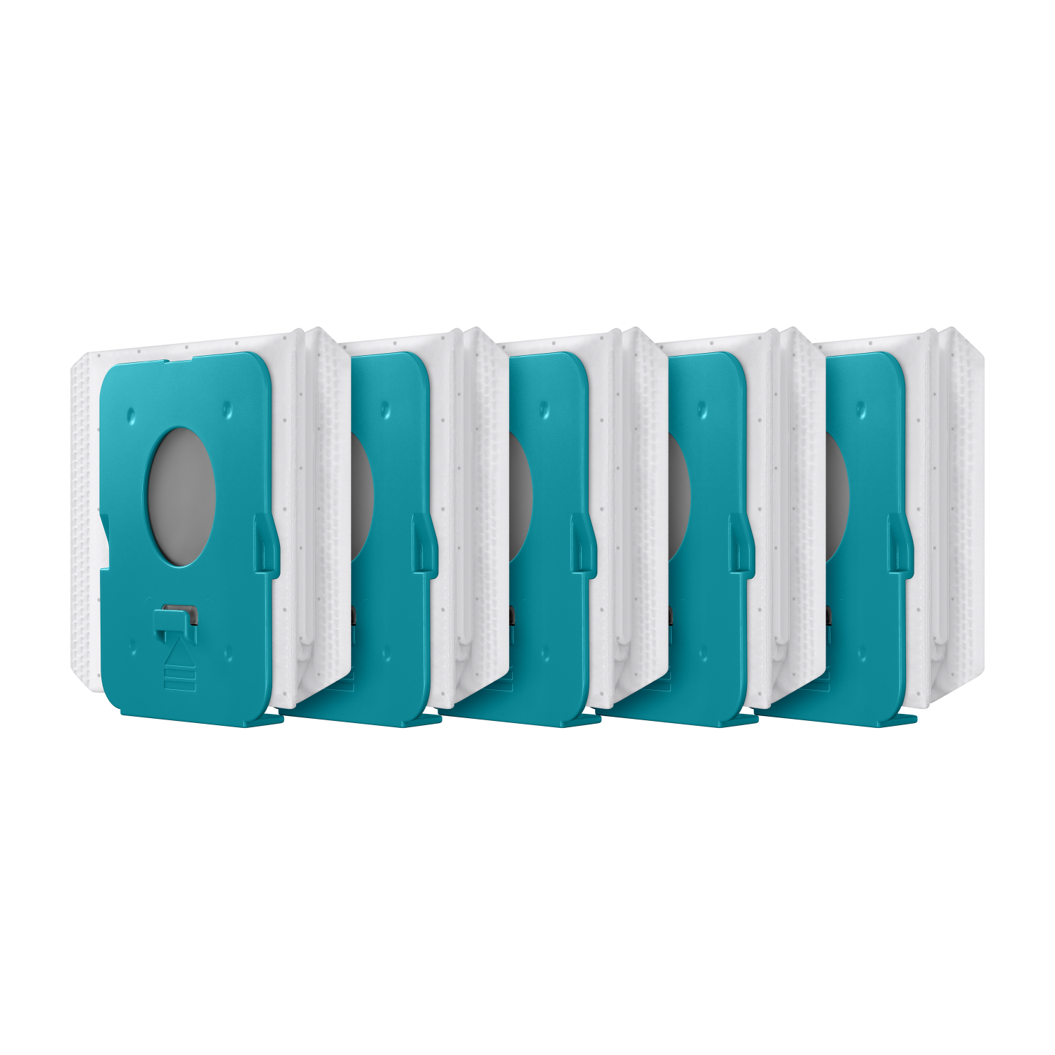 Rząd sześciu worków do odkurzacza, turkusowych i białych, starannie ułożonych na czarnym tle.