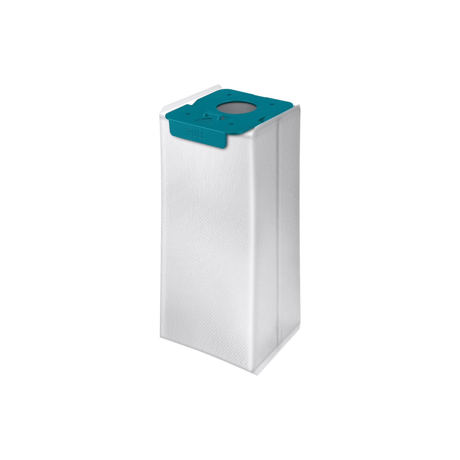 Biały worek do odkurzacza z niebieskim wierzchem i zakładką do pociągania.