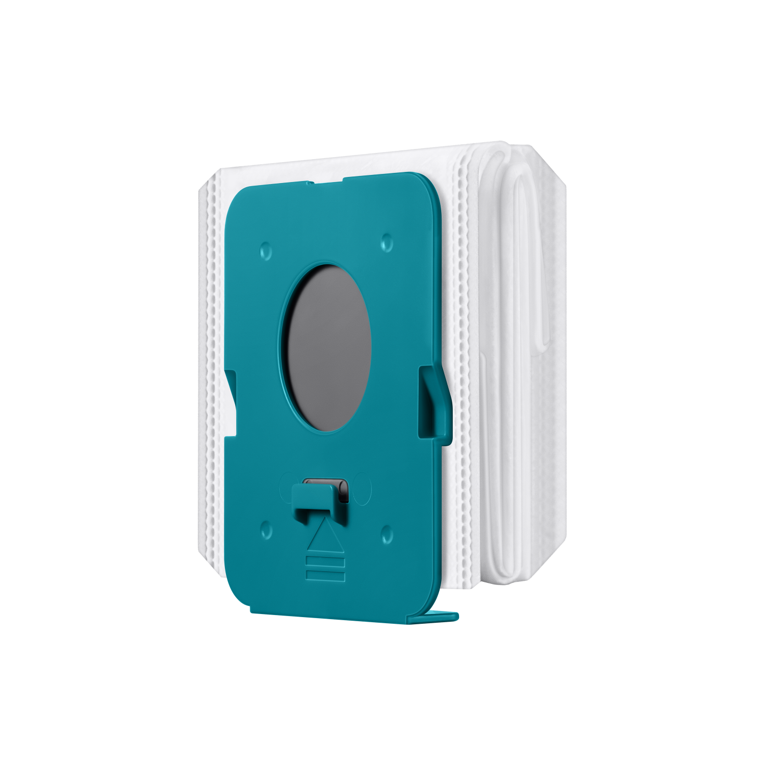 Turkusowo-biały worek do odkurzacza z uchwytem i ciemnym okrągłym otworem.