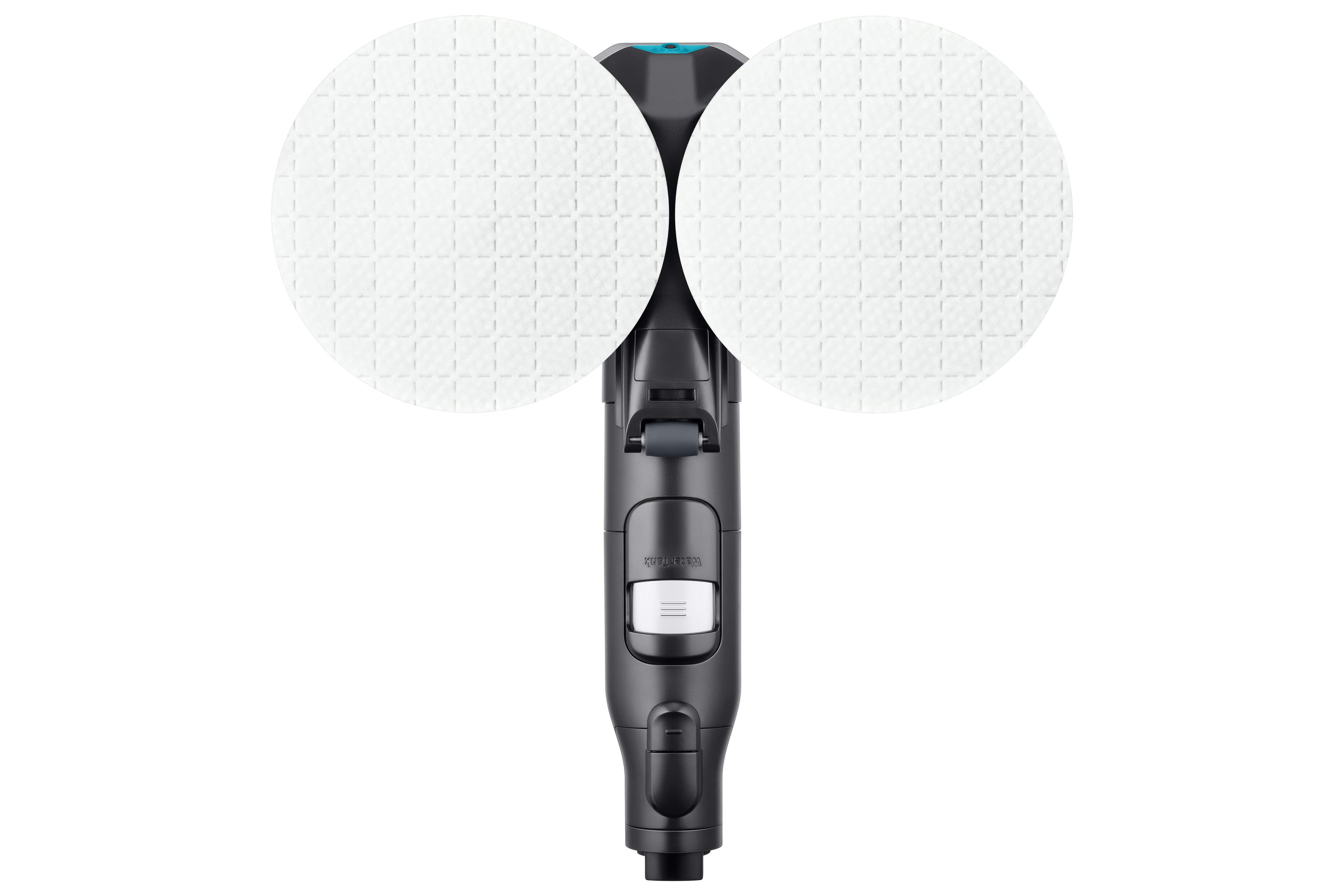 Dispositivo con due cuscinetti circolari bianchi. Il dispositivo è nero con un pulsante bianco.
