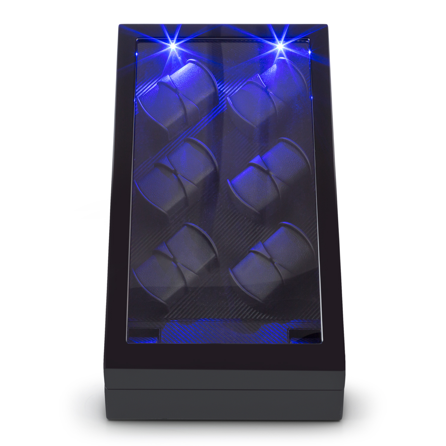 Schwarzer Uhrenbeweger mit 6 Uhrenfächern. Blaues Licht innen.