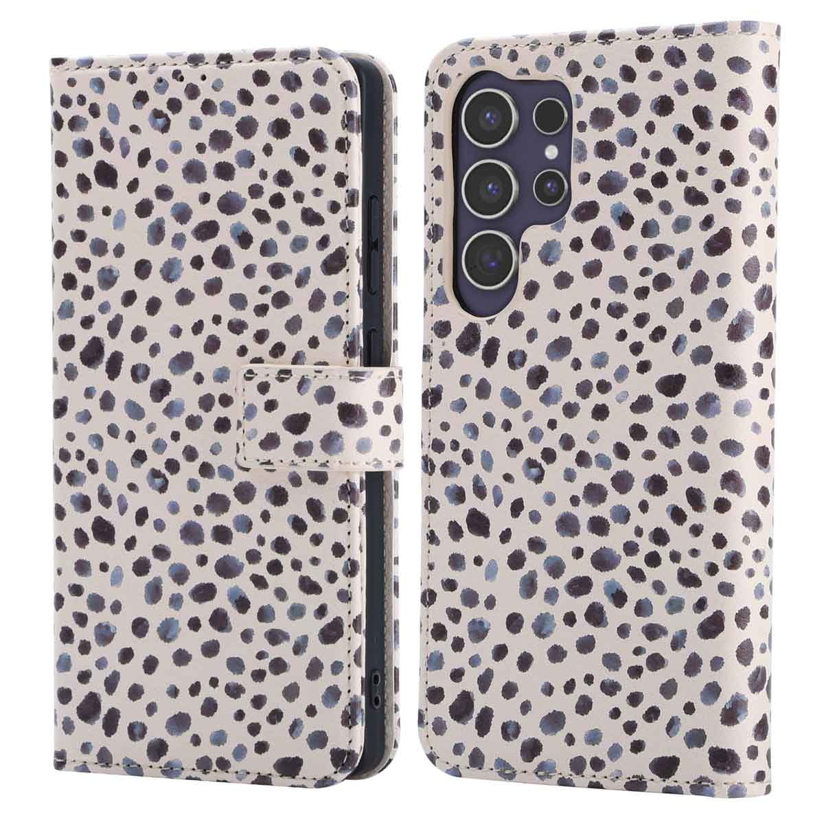 Een telefoonhoesje met een crèmekleurig luipaardprint ontwerp.