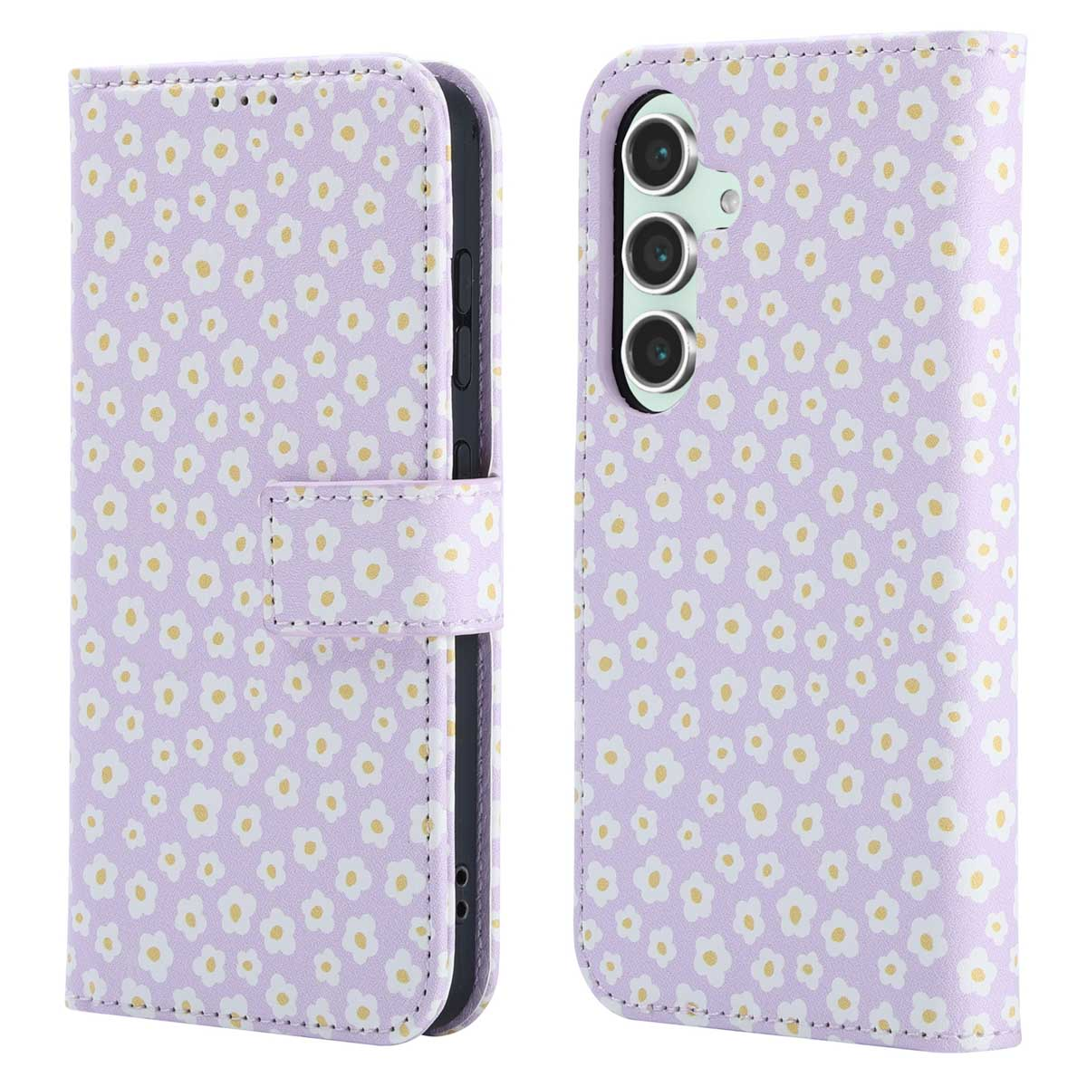 Coque de téléphone florale violette avec un design de type portefeuille. Fond blanc.
