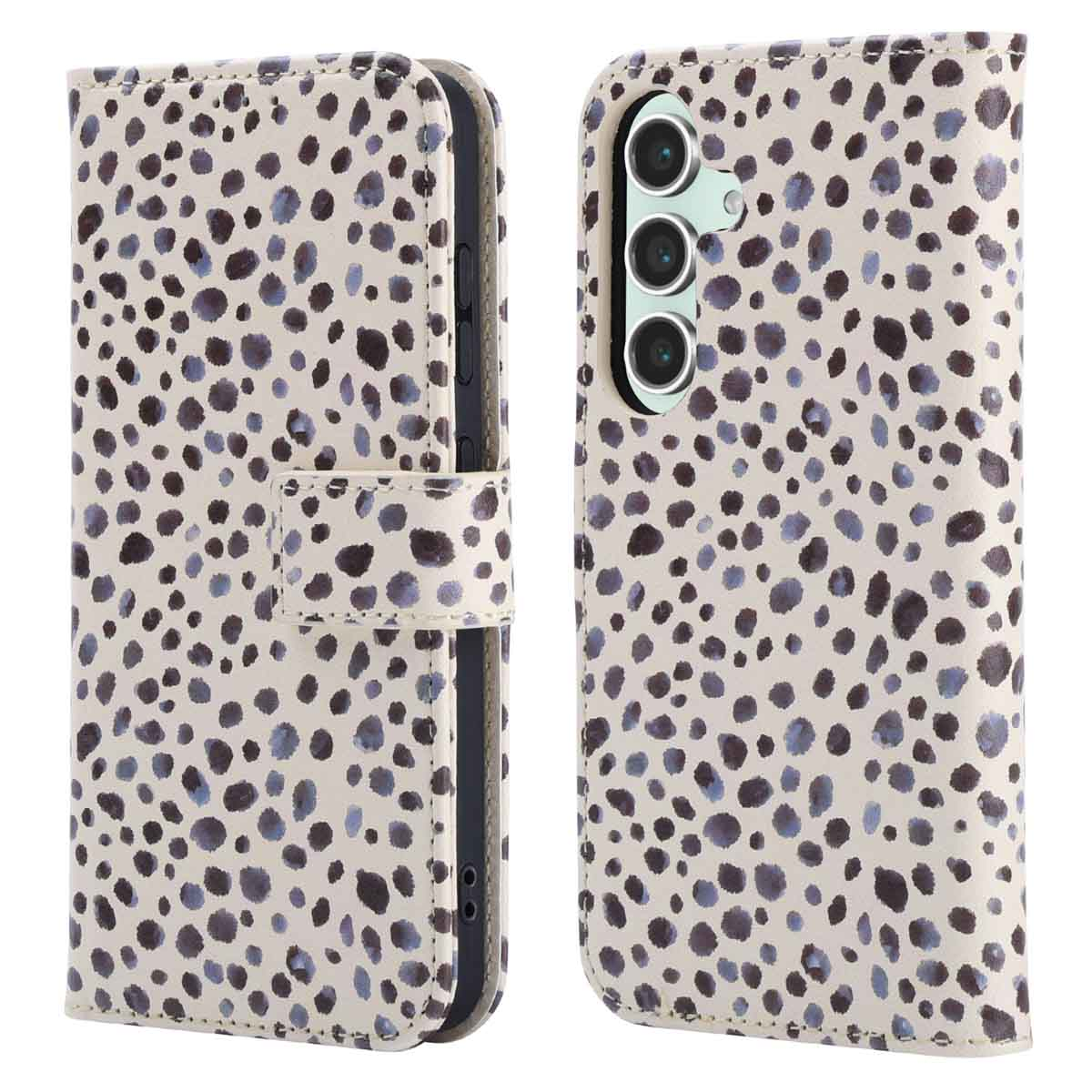Coque de téléphone avec un fond crème et des pois noirs. La coque est ouverte et montre le téléphone.