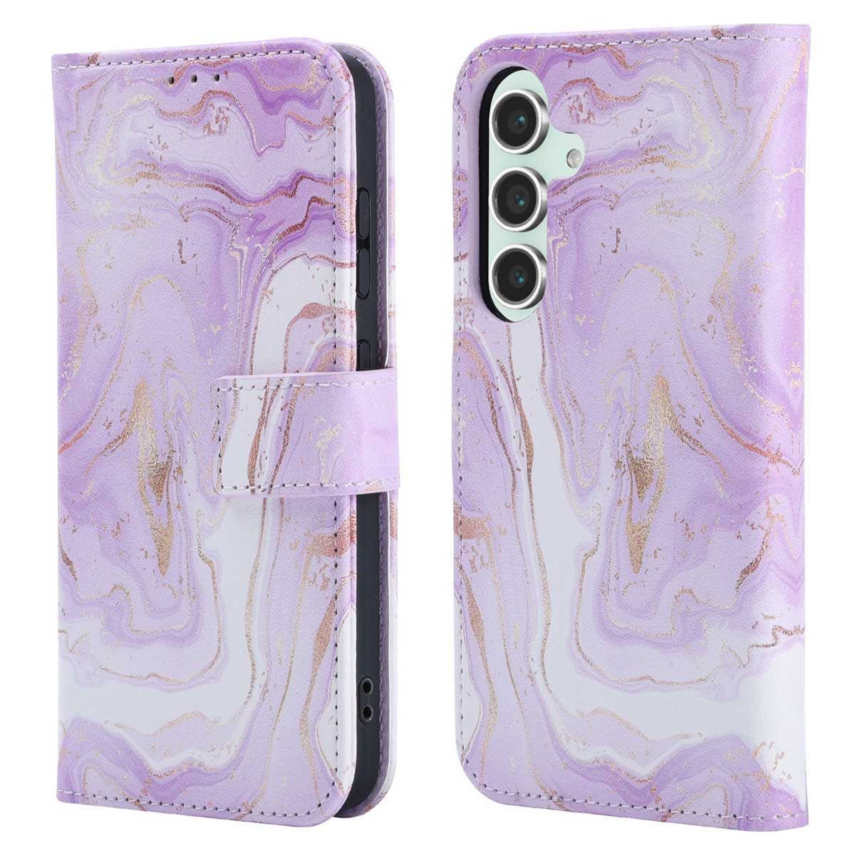 Étui de téléphone en marbre violet. Ouvert, montrant le téléphone, fermé à gauche. Fermeture magnétique.
