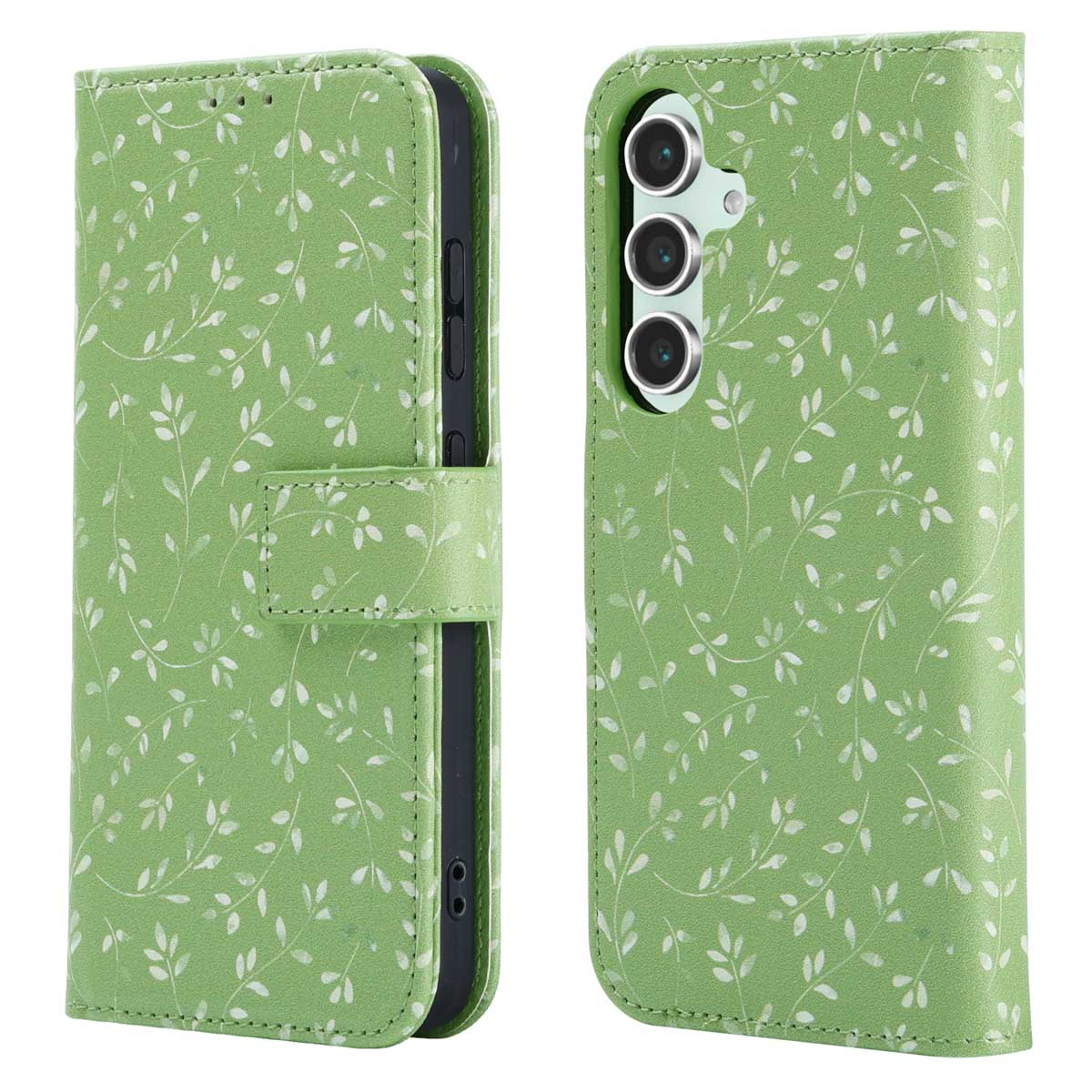 Étui de téléphone vert avec motif floral blanc, ouvert pour montrer le téléphone.
