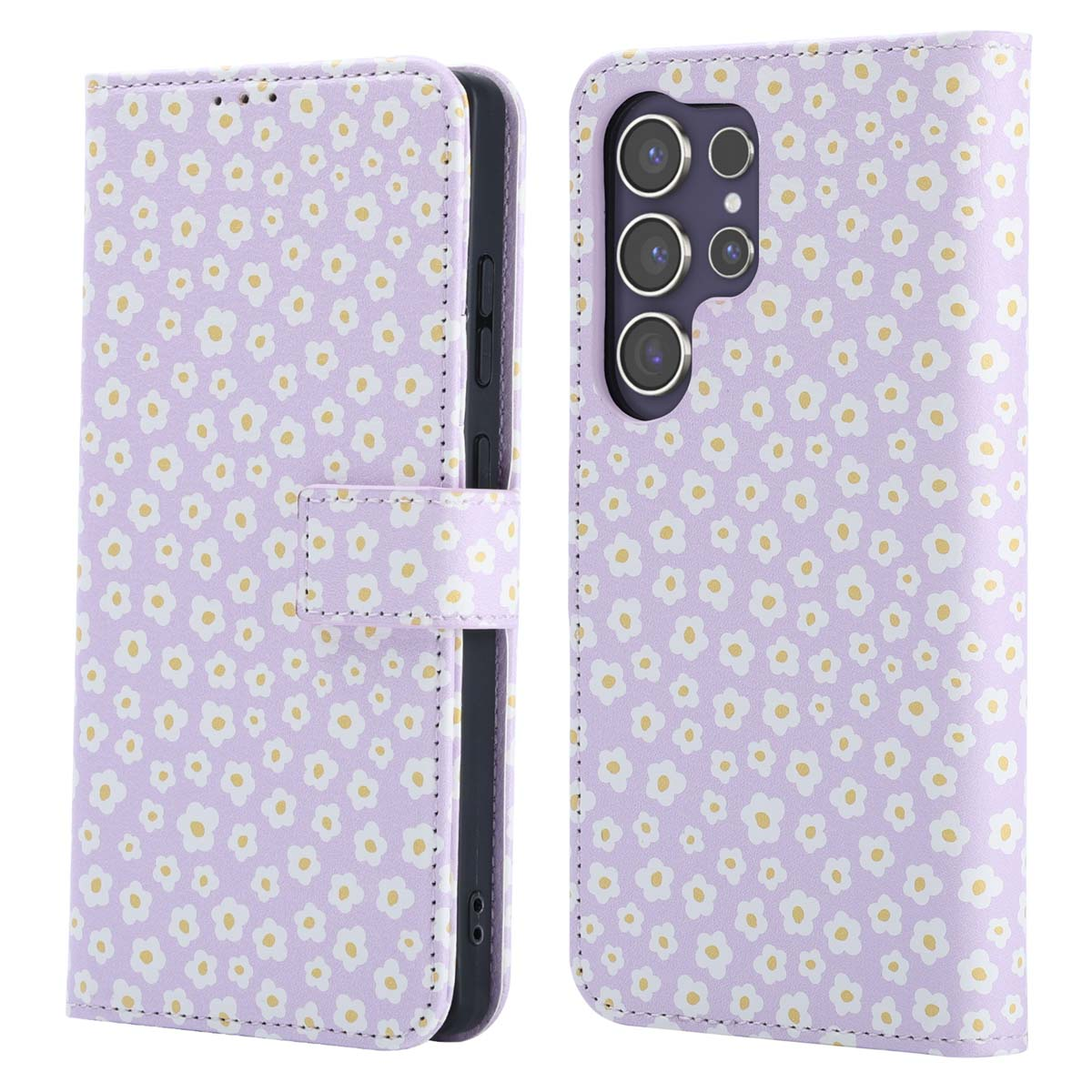 Paarse telefoonhoes met wit madeliefpatroon. Open, toont telefoon met camera en bloemeninterieur.