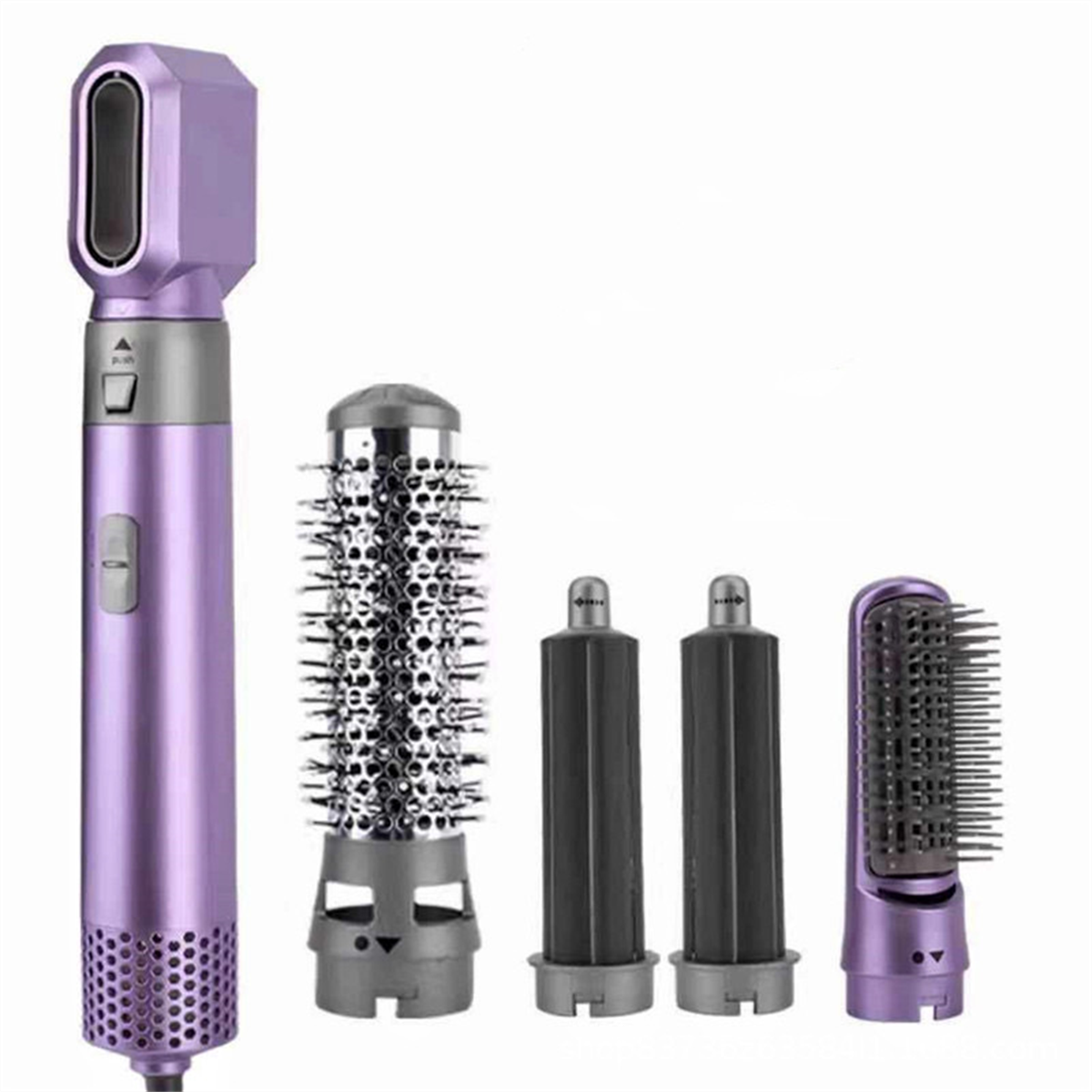 Lila Haarstyling-Set. Enthält einen Fön, mehrere Bürstenaufsätze und Styling-Tools.