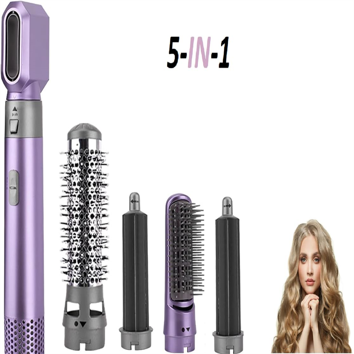 Lila 5-in-1 Haarstyling-Werkzeug mit Aufsätzen und einer blonden Frau.
